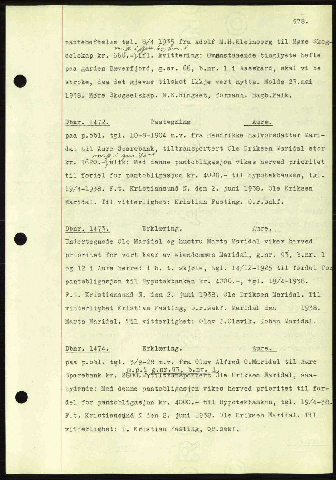 Nordmøre sorenskriveri, AV/SAT-A-4132/1/2/2Ca: Mortgage book no. C80, 1936-1939, Diary no: : 1472/1938