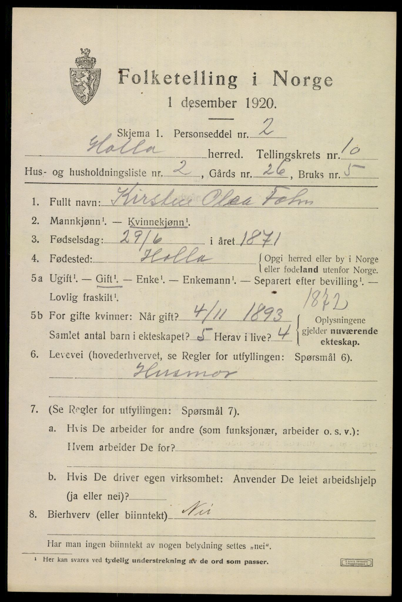 SAKO, 1920 census for Holla, 1920, p. 6089