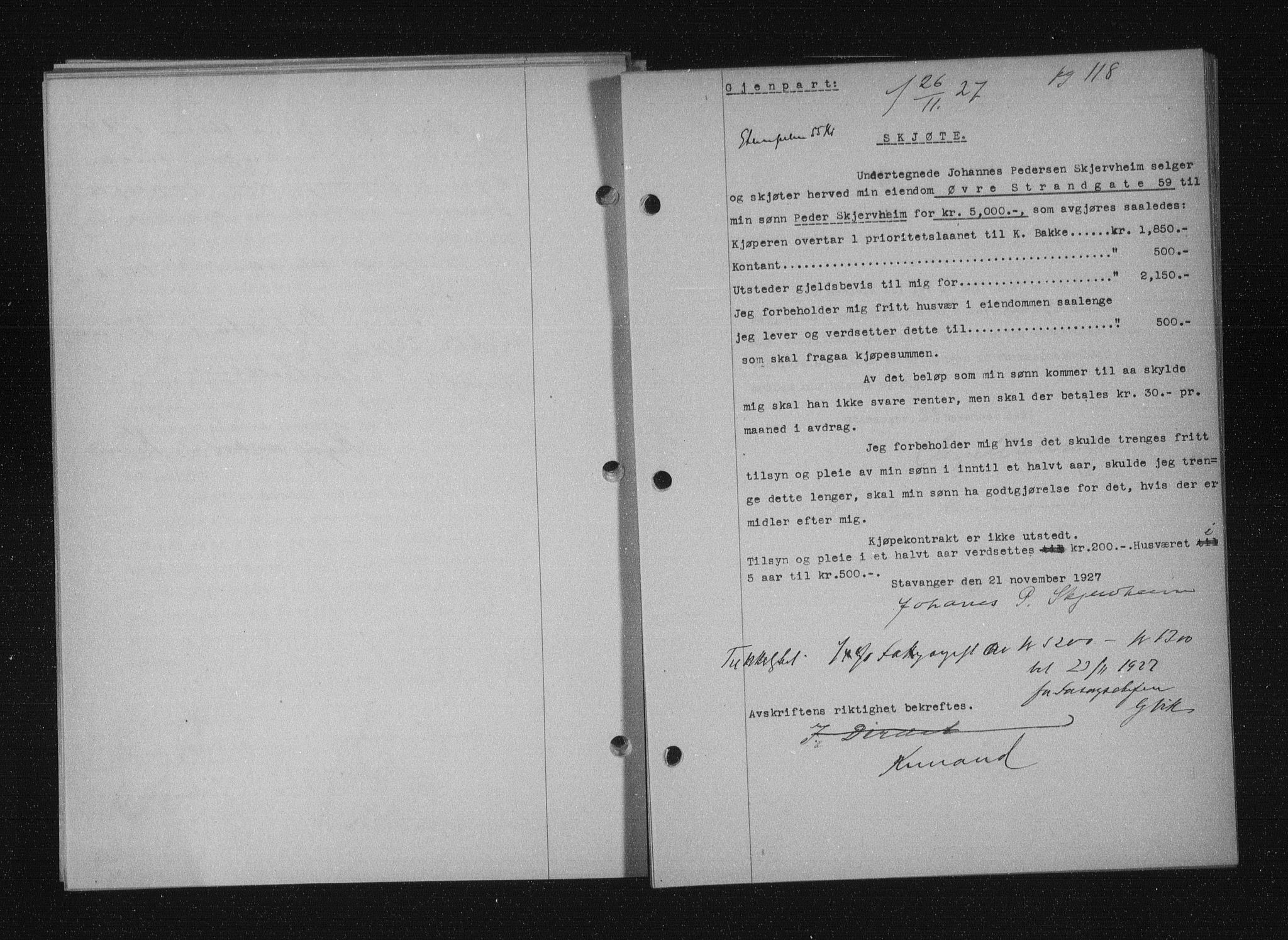 Stavanger byfogd, SAST/A-101408/001/4/41/410/410BB/L0053: Mortgage book no. 41, 1927-1928, Deed date: 26.11.1927