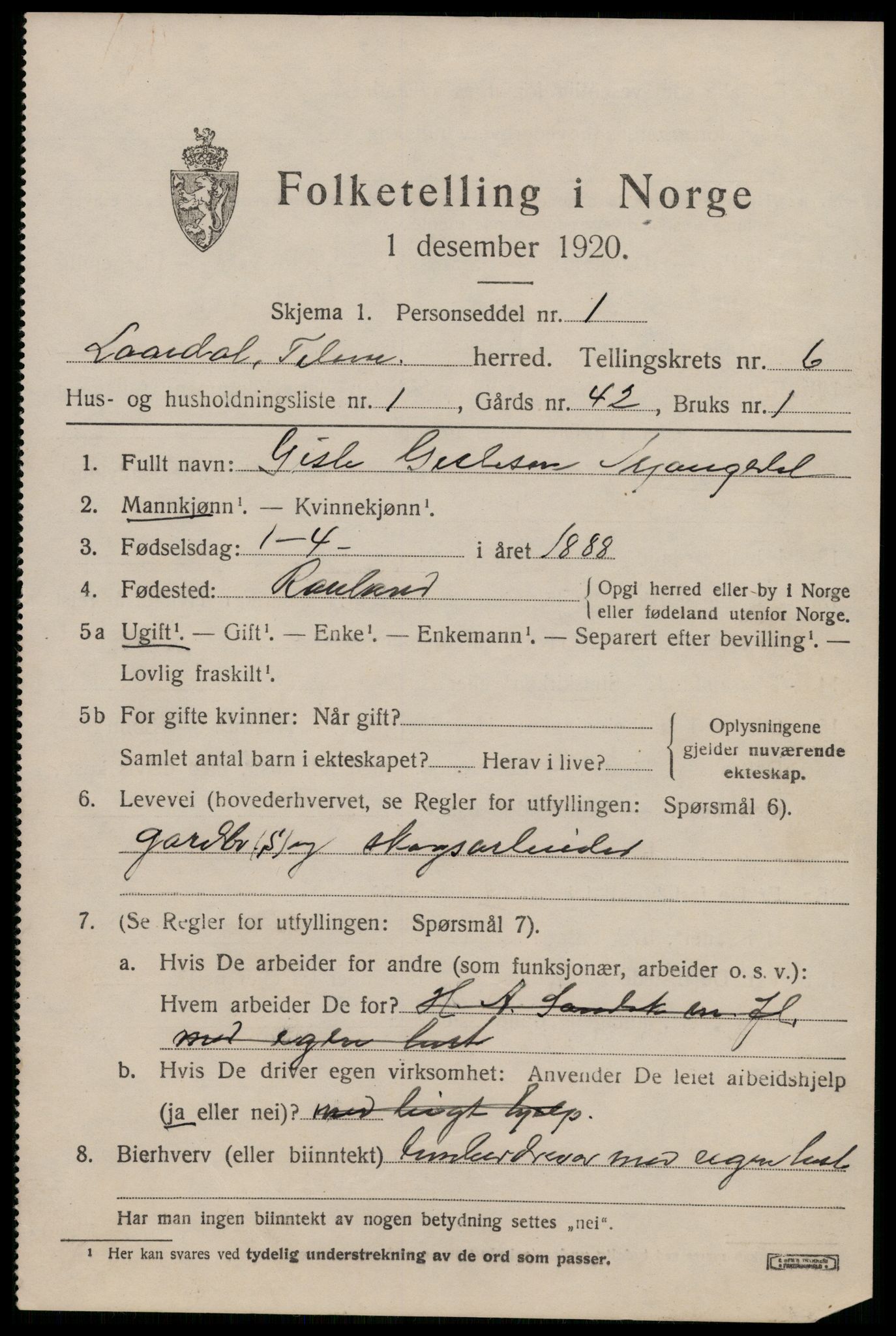 SAKO, 1920 census for Lårdal, 1920, p. 2519