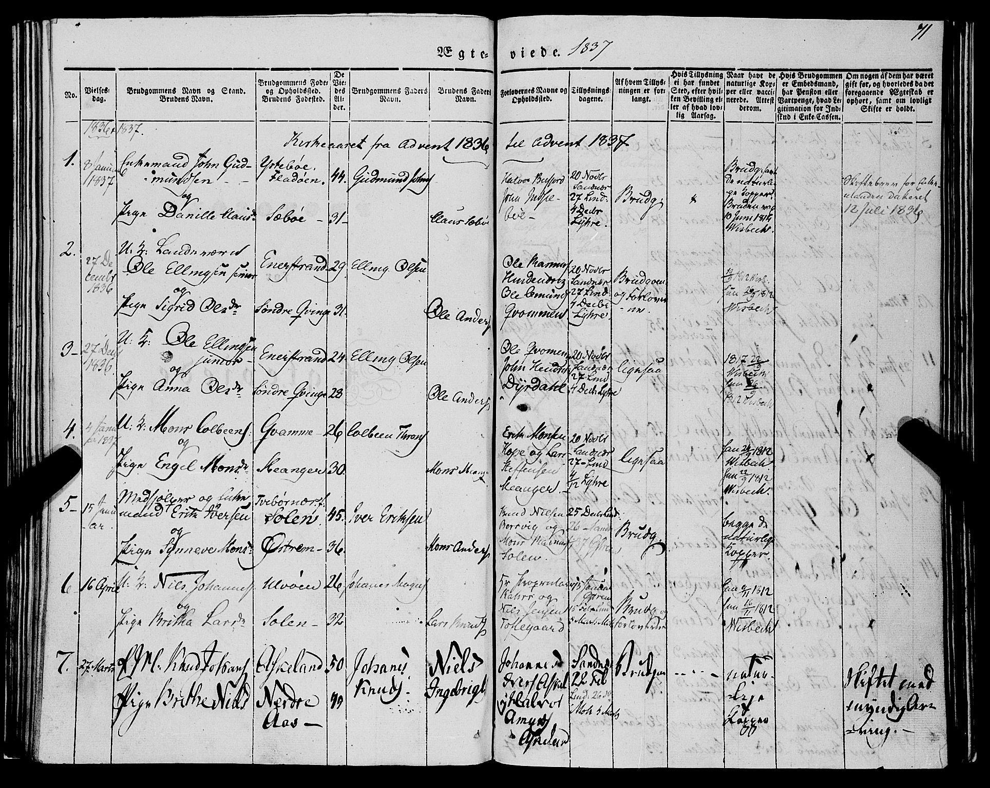 Lindås Sokneprestembete, SAB/A-76701/H/Haa: Parish register (official) no. A 12, 1836-1848, p. 71