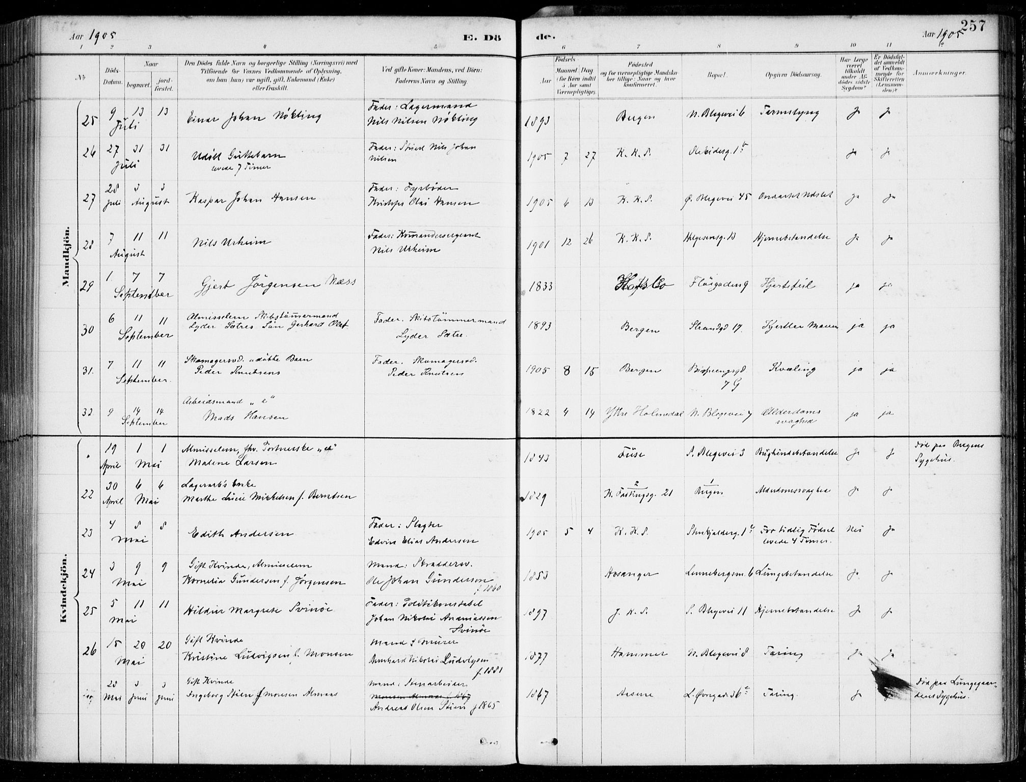 Korskirken sokneprestembete, SAB/A-76101/H/Hab: Parish register (copy) no. E 4, 1884-1910, p. 257