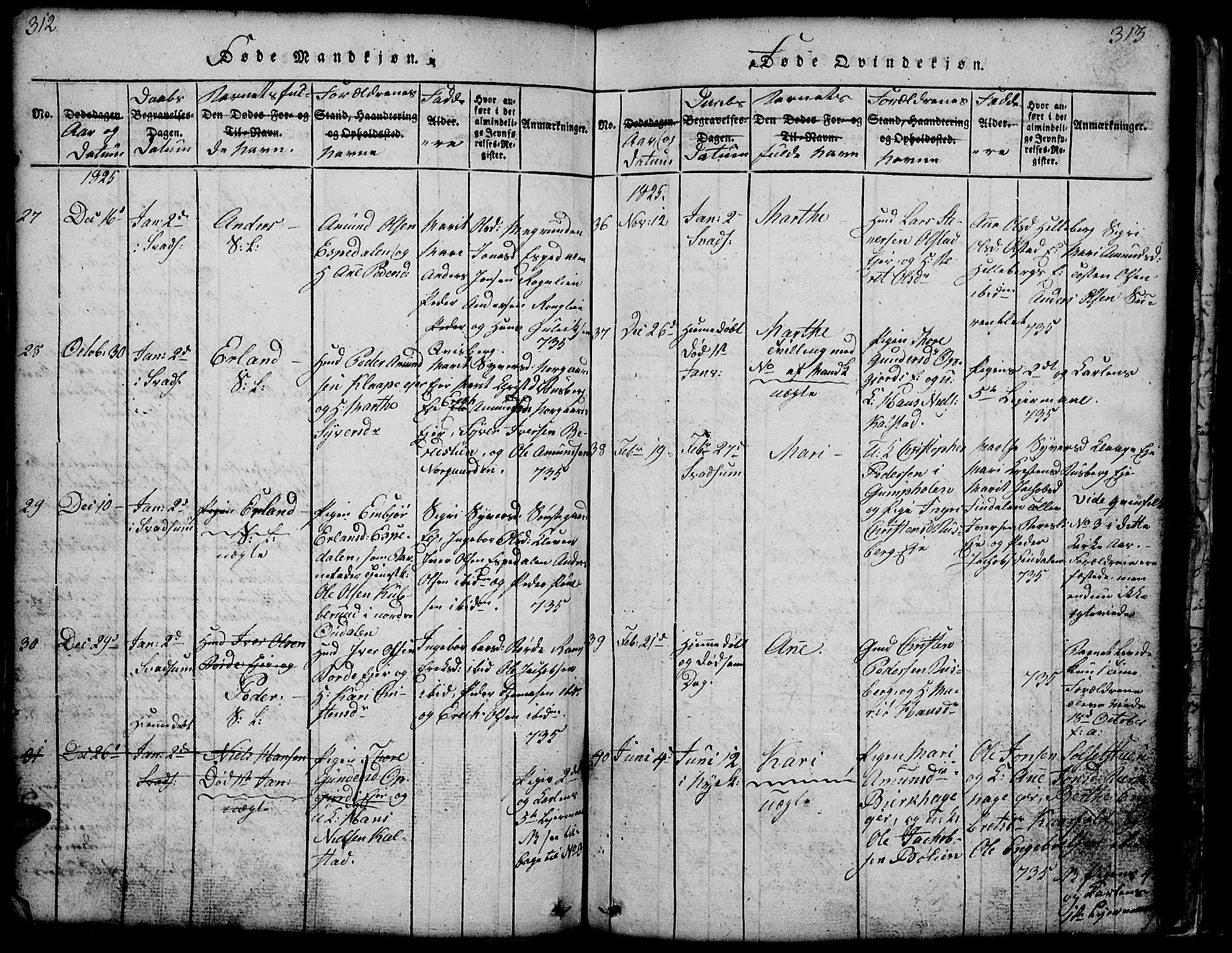 Gausdal prestekontor, AV/SAH-PREST-090/H/Ha/Hab/L0001: Parish register (copy) no. 1, 1817-1848, p. 312-313