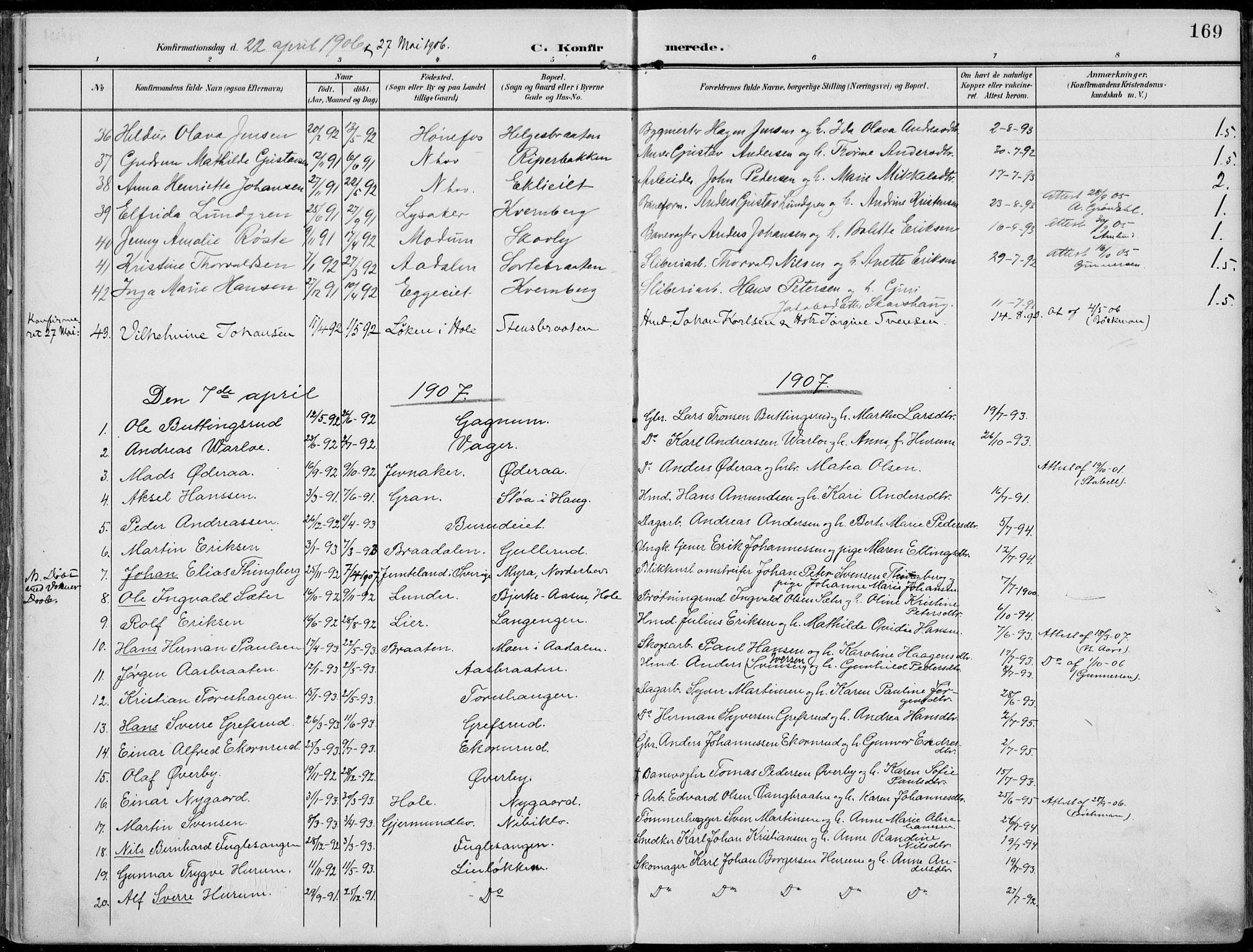 Norderhov kirkebøker, AV/SAKO-A-237/F/Fa/L0017: Parish register (official) no. 17, 1903-1919, p. 169