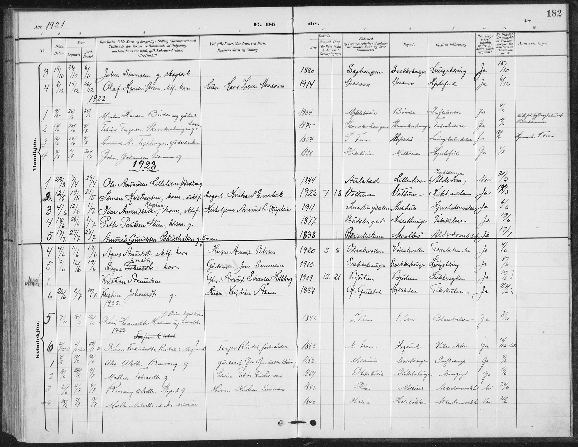 Vestre Gausdal prestekontor, SAH/PREST-094/H/Ha/Hab/L0004: Parish register (copy) no. 4, 1898-1939, p. 182