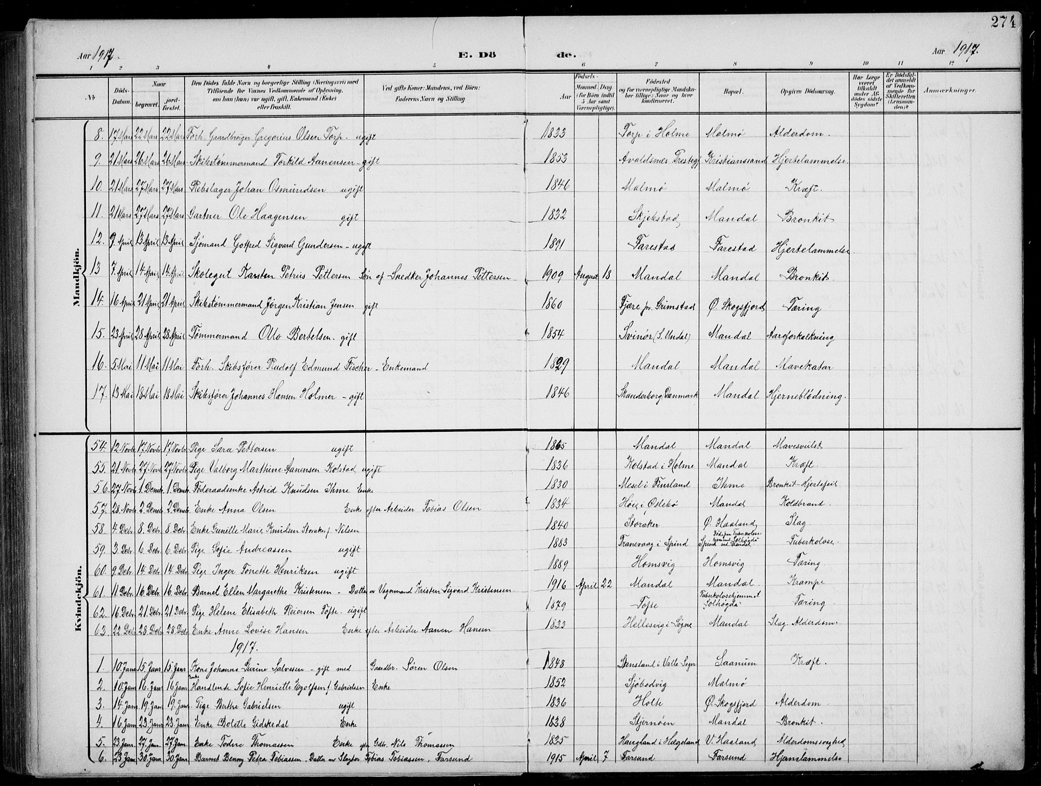 Mandal sokneprestkontor, AV/SAK-1111-0030/F/Fb/Fba/L0012: Parish register (copy) no. B 6, 1899-1918, p. 274