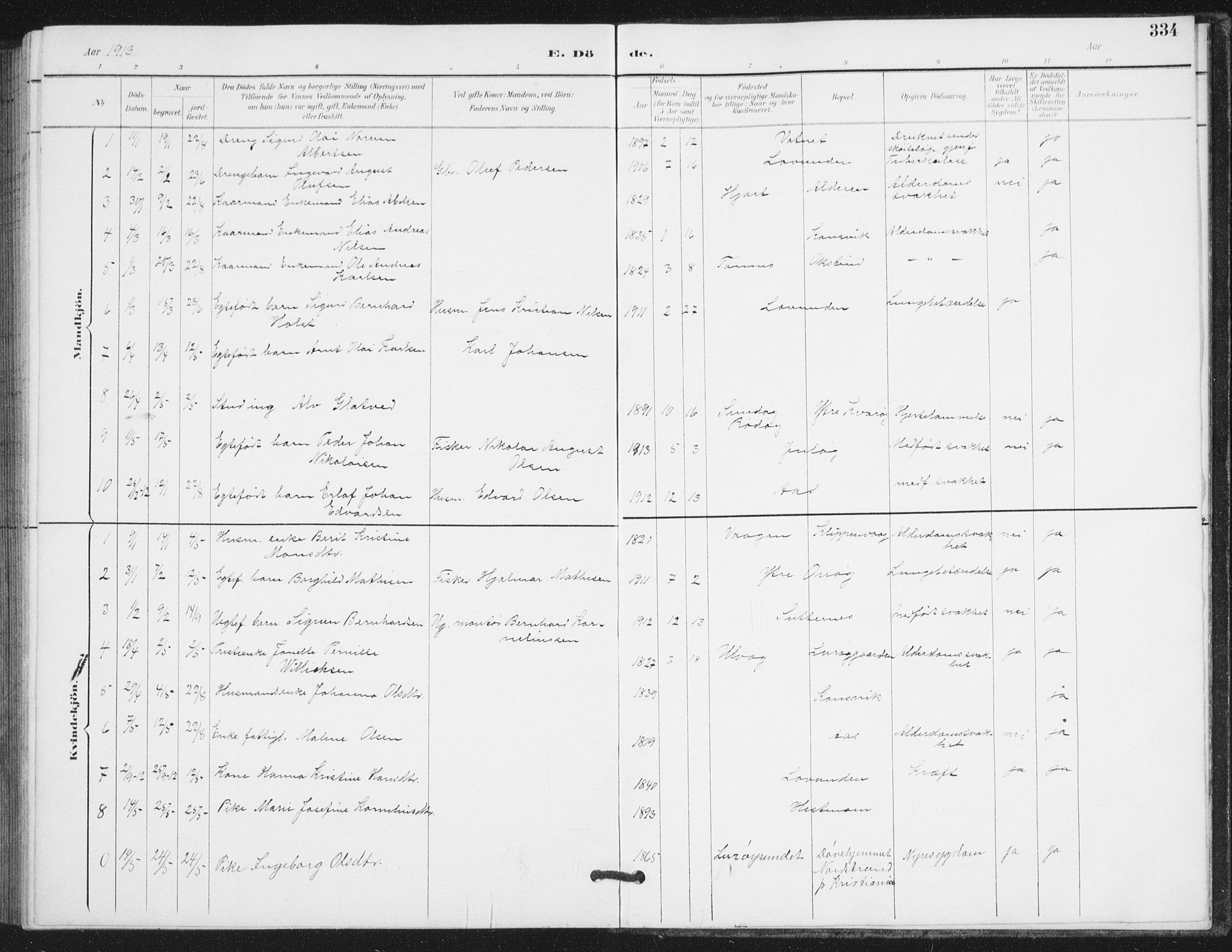 Ministerialprotokoller, klokkerbøker og fødselsregistre - Nordland, AV/SAT-A-1459/839/L0573: Parish register (copy) no. 839C03, 1892-1917, p. 334