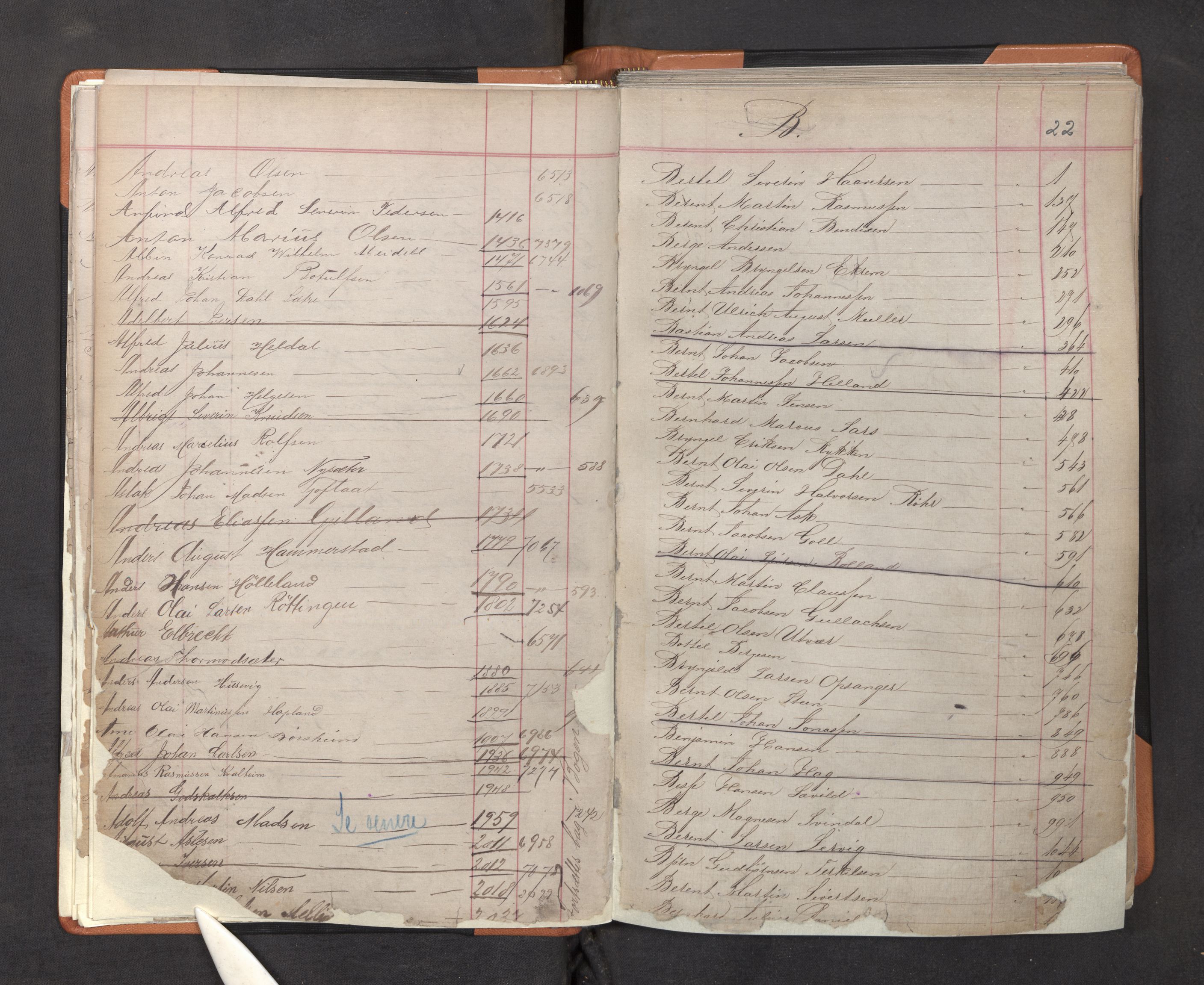 Innrulleringssjefen i Bergen, SAB/A-100050/F/Fa/L0001: Register til annotasjons-hovedrulle for Bergen krets A - K, 1869-1897, p. 22