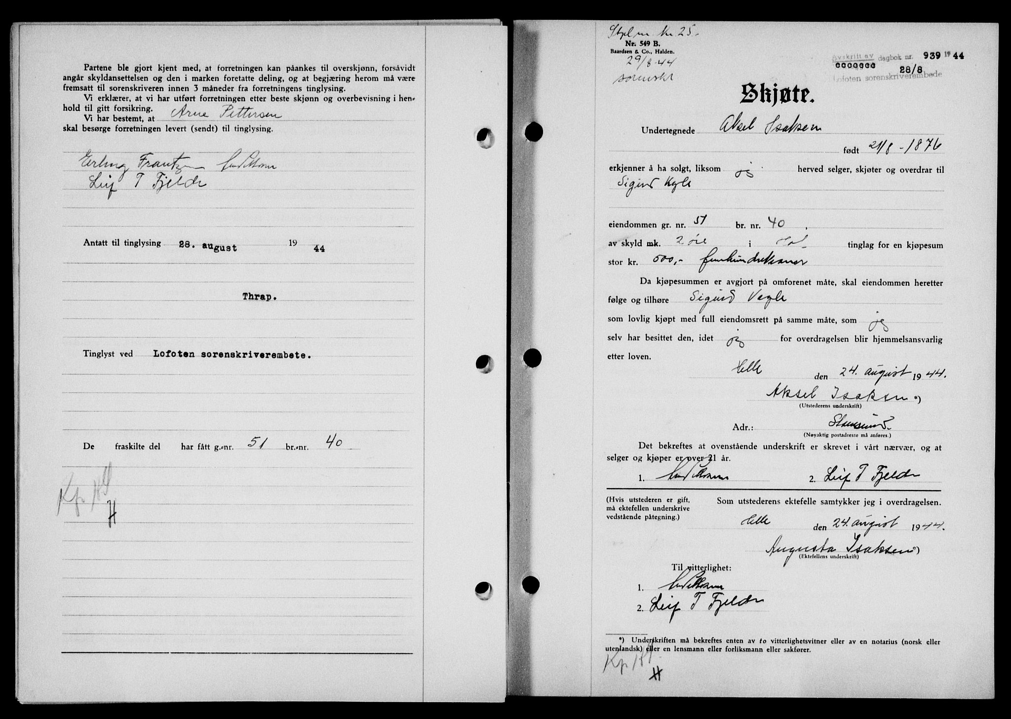 Lofoten sorenskriveri, SAT/A-0017/1/2/2C/L0012a: Mortgage book no. 12a, 1943-1944, Diary no: : 939/1944
