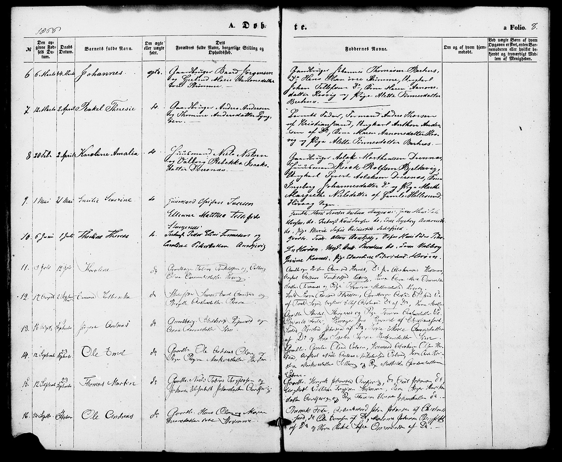 Oddernes sokneprestkontor, SAK/1111-0033/F/Fa/Fab/L0001: Parish register (official) no. A 1, 1865-1884, p. 8
