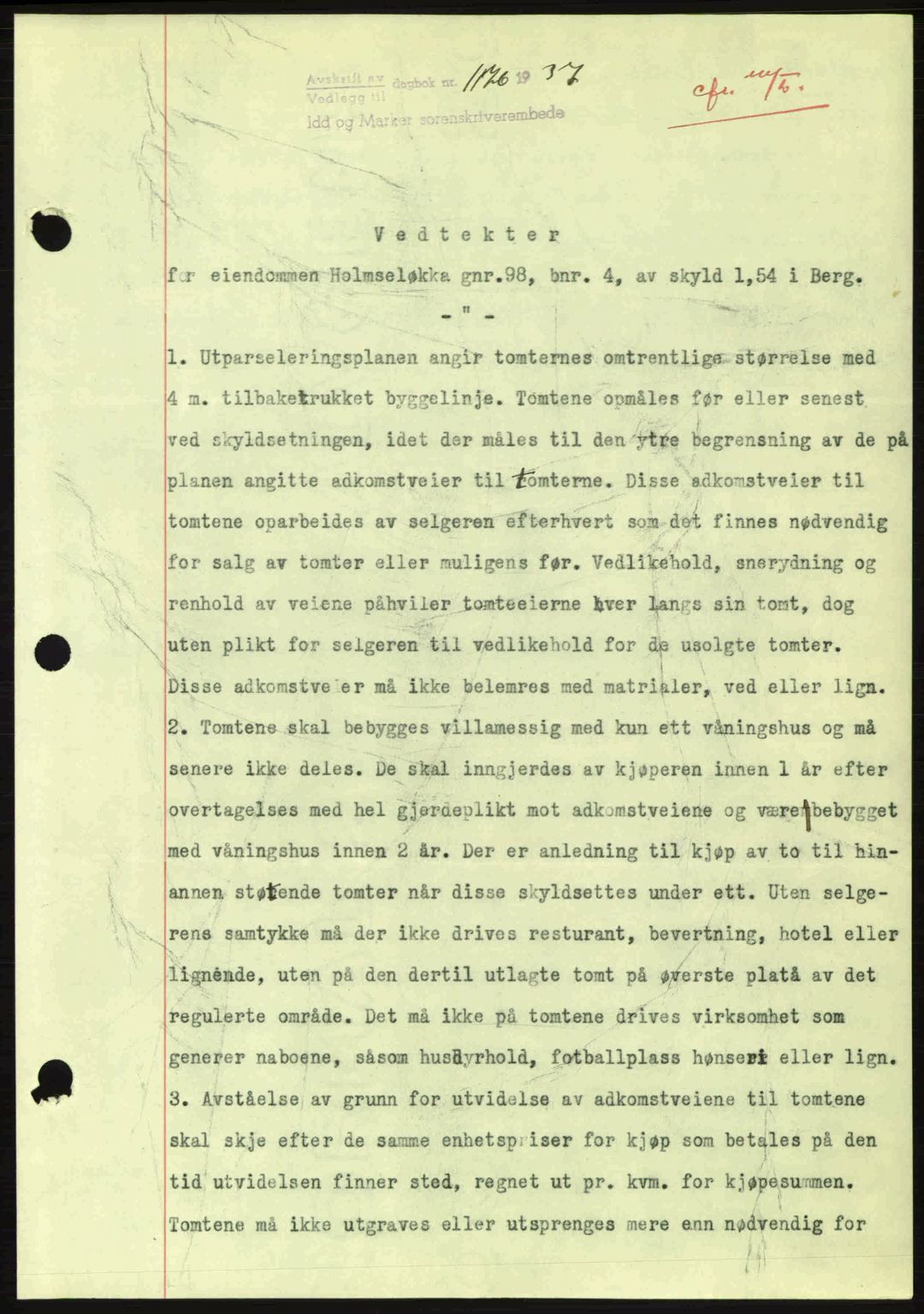Idd og Marker sorenskriveri, AV/SAO-A-10283/G/Gb/Gbb/L0002: Mortgage book no. A2, 1937-1938, Diary no: : 1176/1937