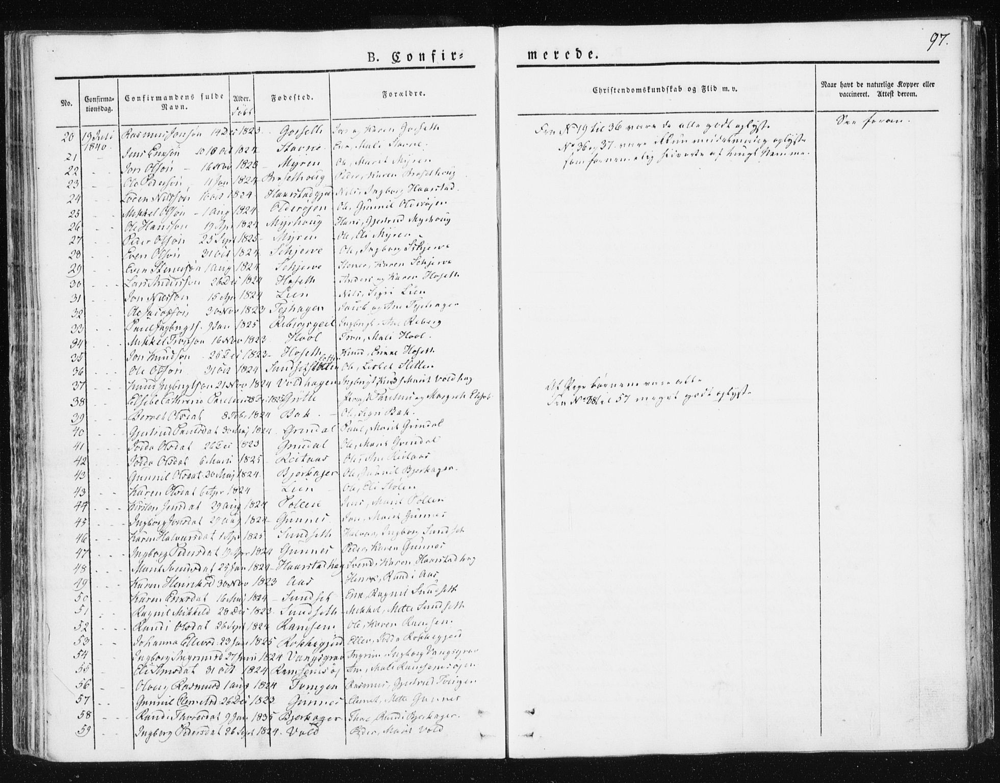 Ministerialprotokoller, klokkerbøker og fødselsregistre - Sør-Trøndelag, AV/SAT-A-1456/674/L0869: Parish register (official) no. 674A01, 1829-1860, p. 97