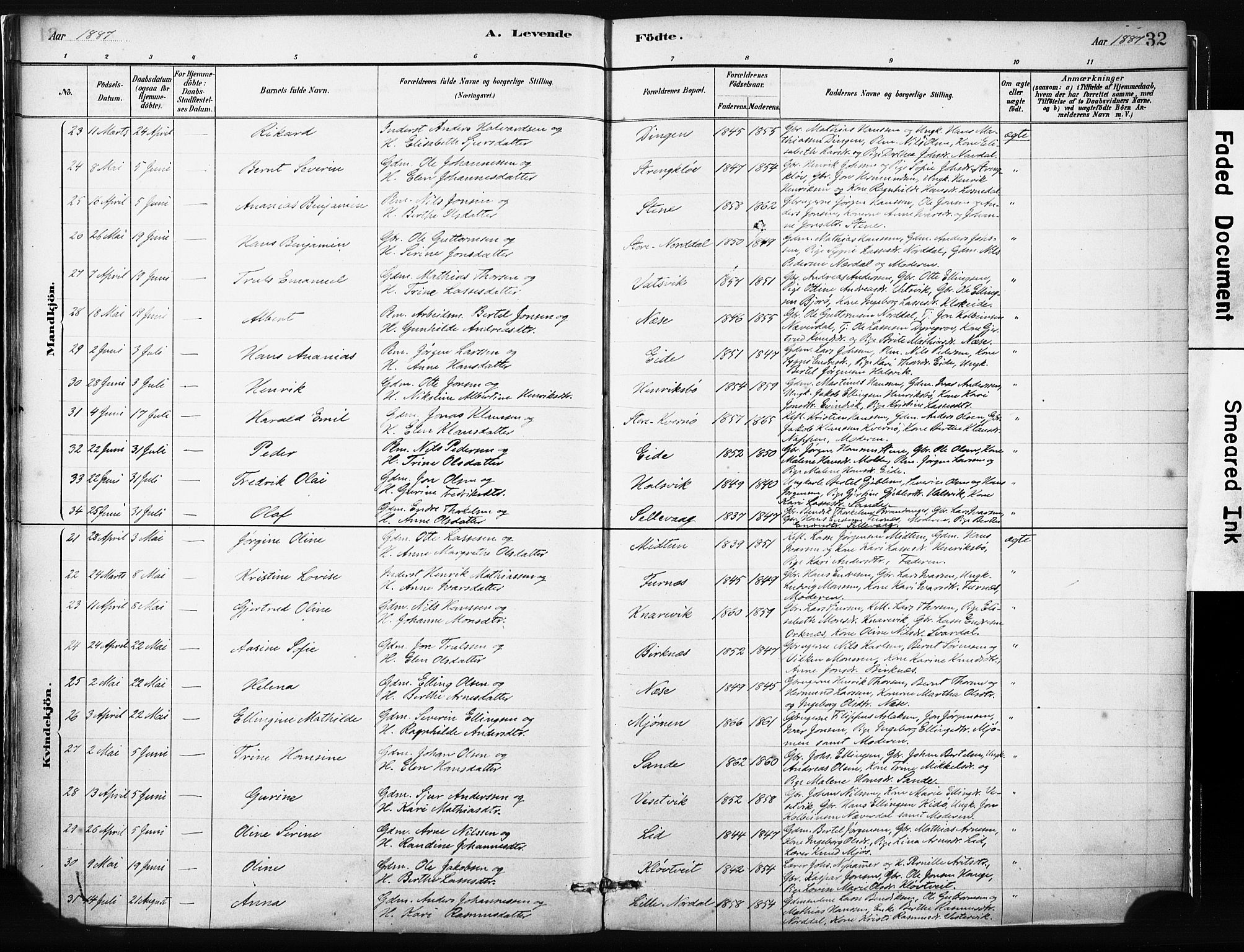 Gulen sokneprestembete, AV/SAB-A-80201/H/Haa/Haab/L0001: Parish register (official) no. B 1, 1881-1905, p. 32