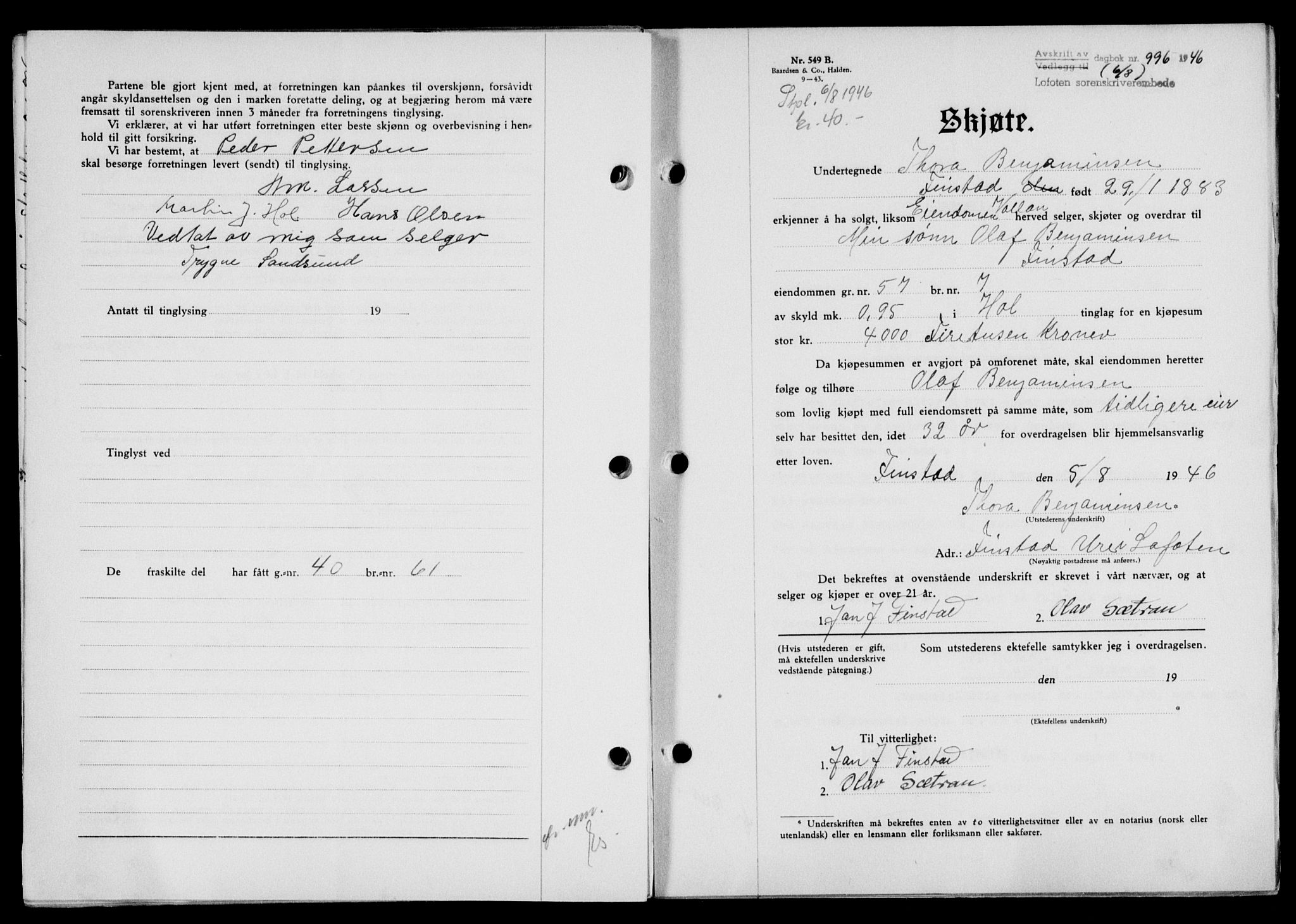 Lofoten sorenskriveri, SAT/A-0017/1/2/2C/L0014a: Mortgage book no. 14a, 1946-1946, Diary no: : 996/1946