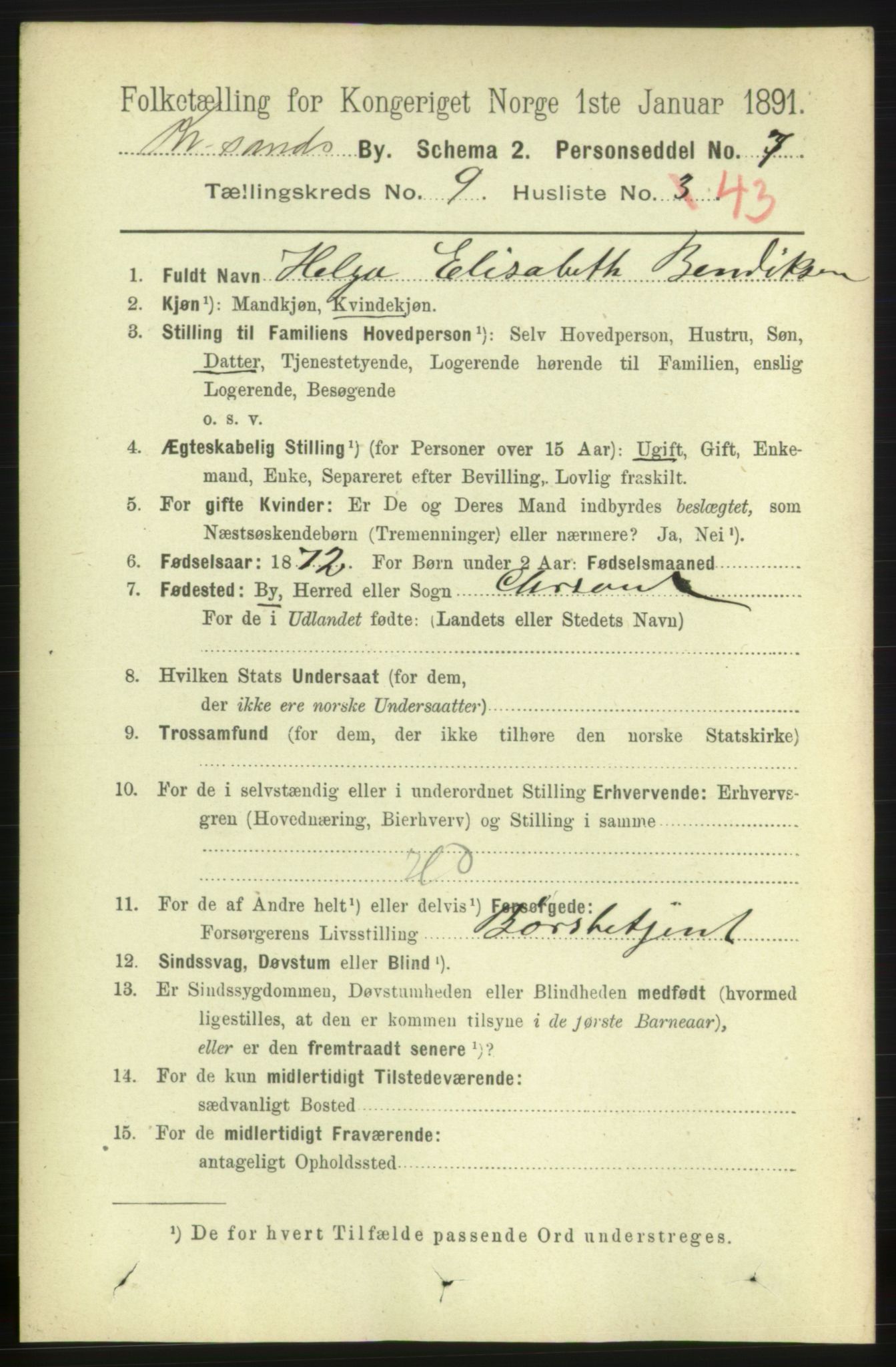 RA, 1891 census for 1001 Kristiansand, 1891, p. 5388