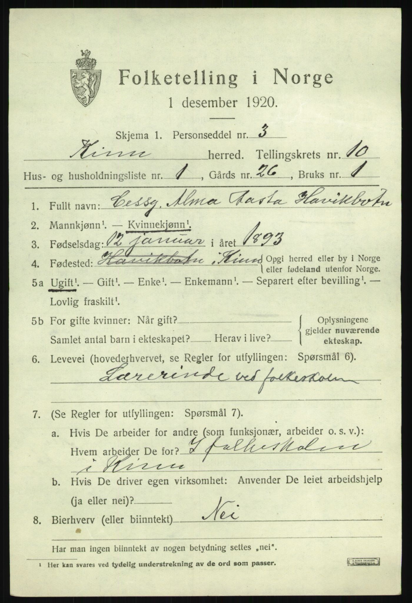 SAB, 1920 census for Kinn, 1920, p. 3443