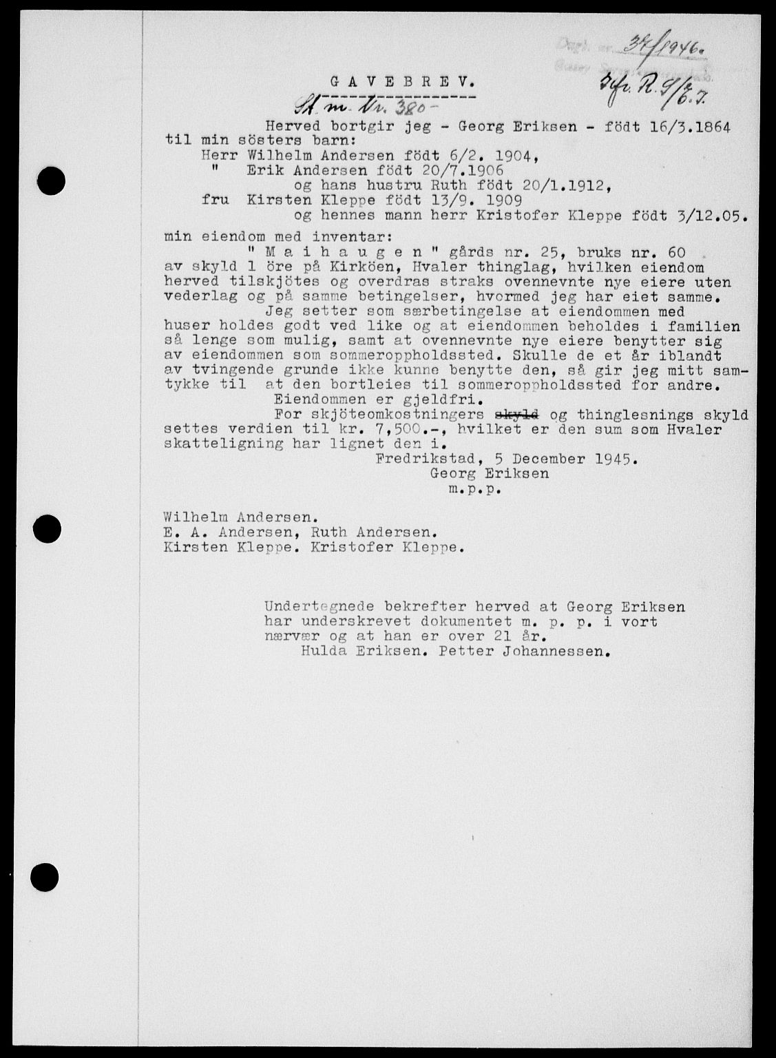 Onsøy sorenskriveri, SAO/A-10474/G/Ga/Gab/L0015: Mortgage book no. II A-15, 1945-1946, Diary no: : 37/1946