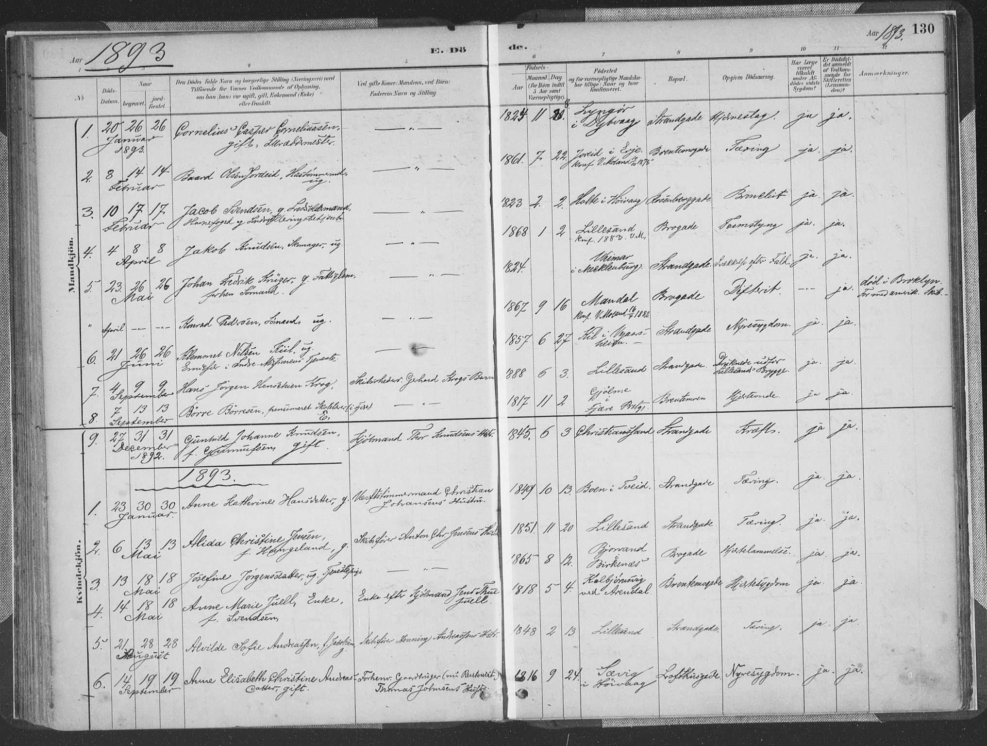 Vestre Moland sokneprestkontor, AV/SAK-1111-0046/F/Fa/Faa/L0001: Parish register (official) no. A 1, 1884-1899, p. 130