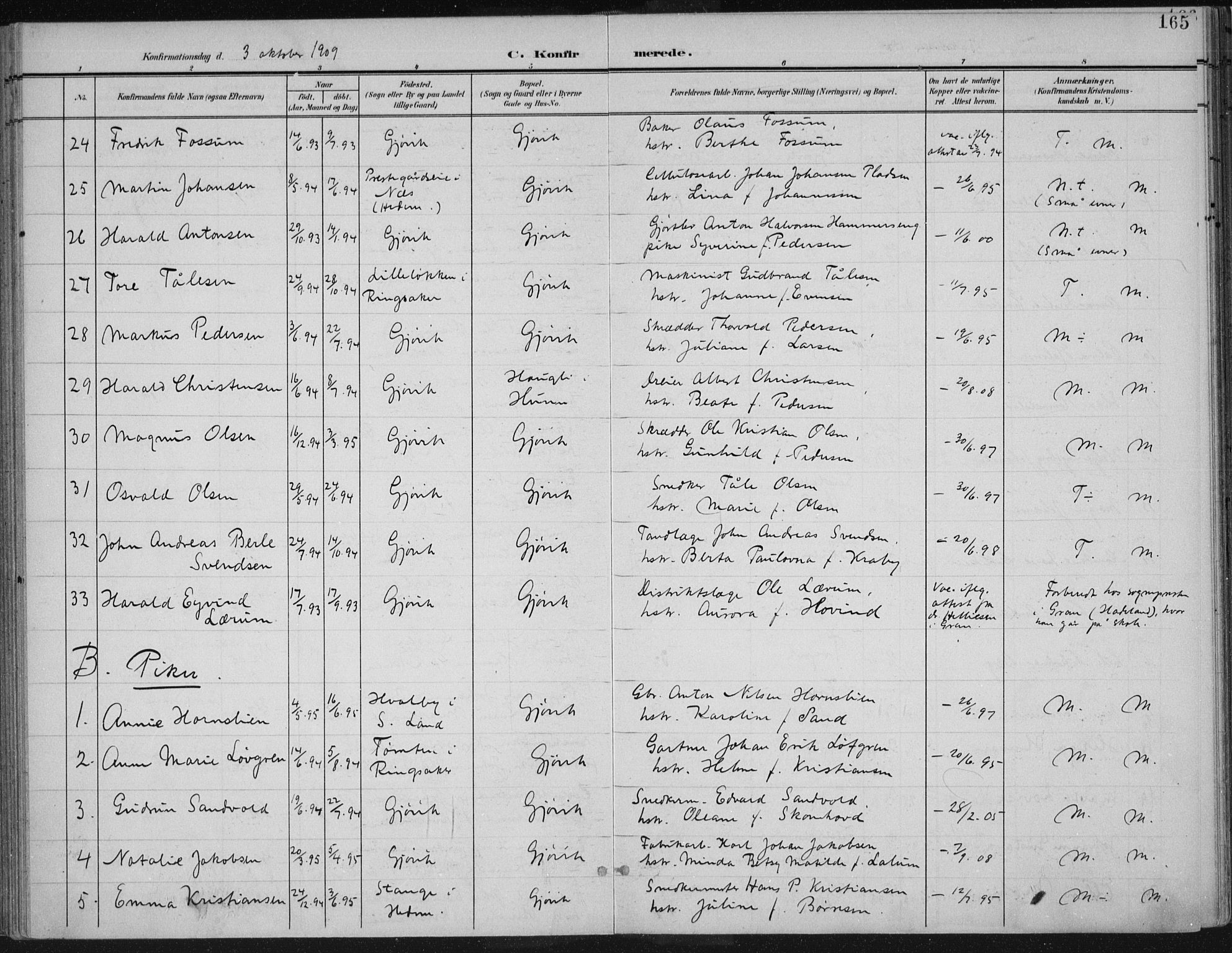 Vardal prestekontor, SAH/PREST-100/H/Ha/Haa/L0013: Parish register (official) no. 13, 1901-1911, p. 165