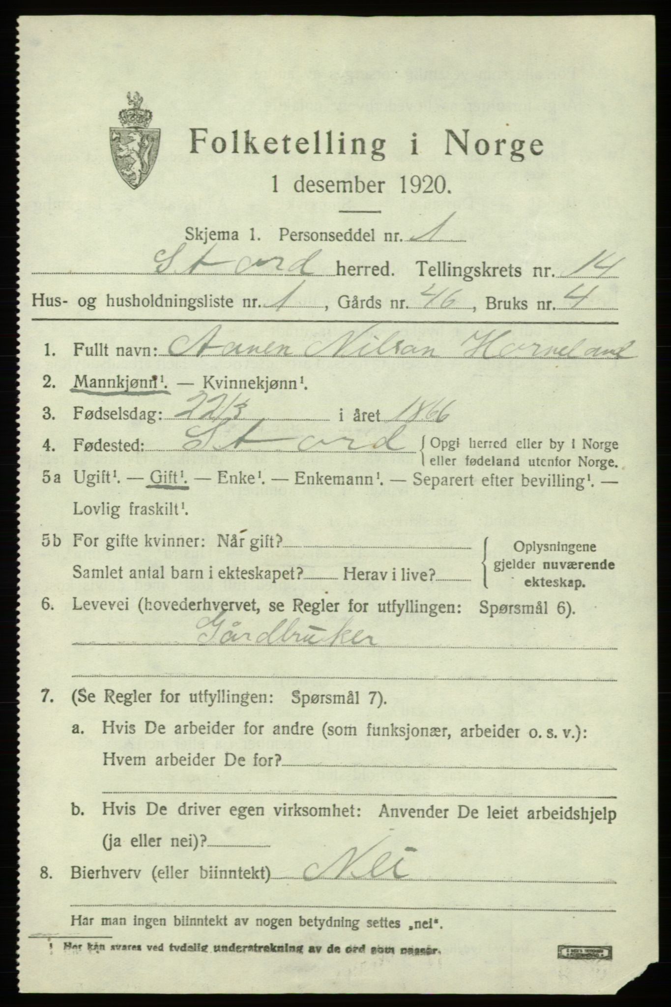 SAB, 1920 census for Stord, 1920, p. 7991