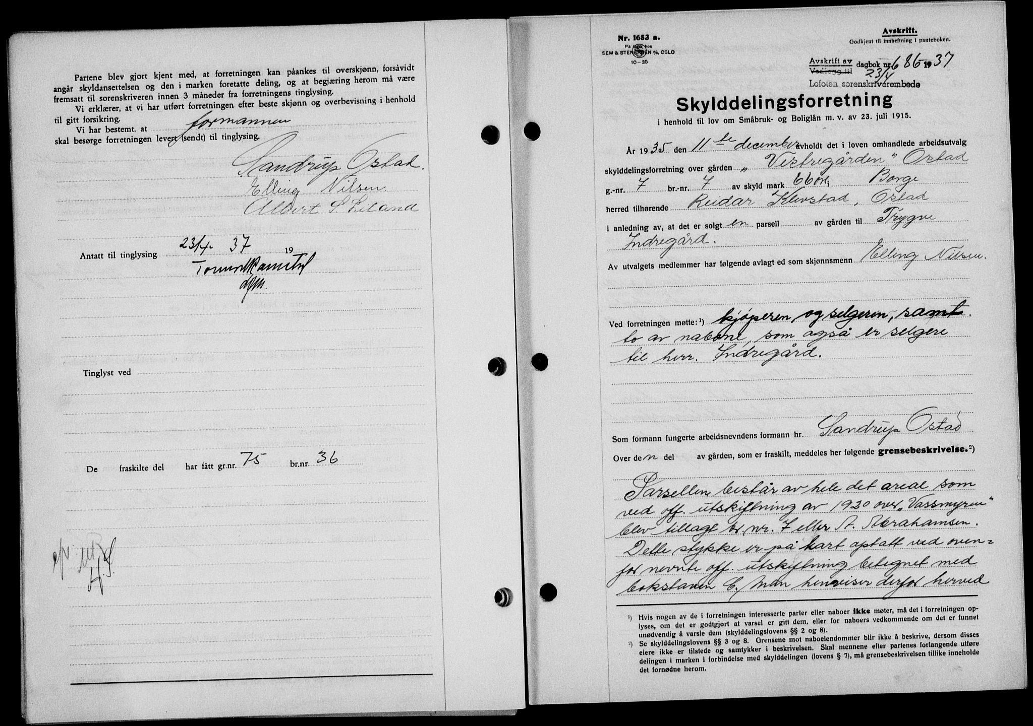 Lofoten sorenskriveri, SAT/A-0017/1/2/2C/L0002a: Mortgage book no. 2a, 1937-1937, Diary no: : 686/1937