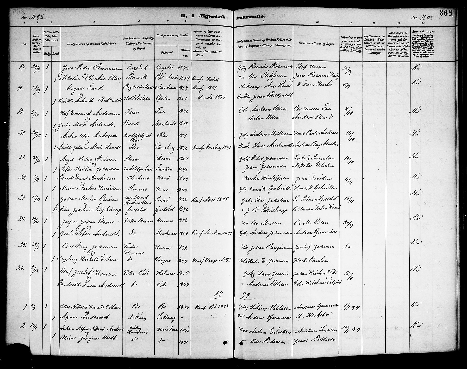 Ministerialprotokoller, klokkerbøker og fødselsregistre - Nordland, AV/SAT-A-1459/888/L1268: Parish register (copy) no. 888C06, 1891-1908, p. 368