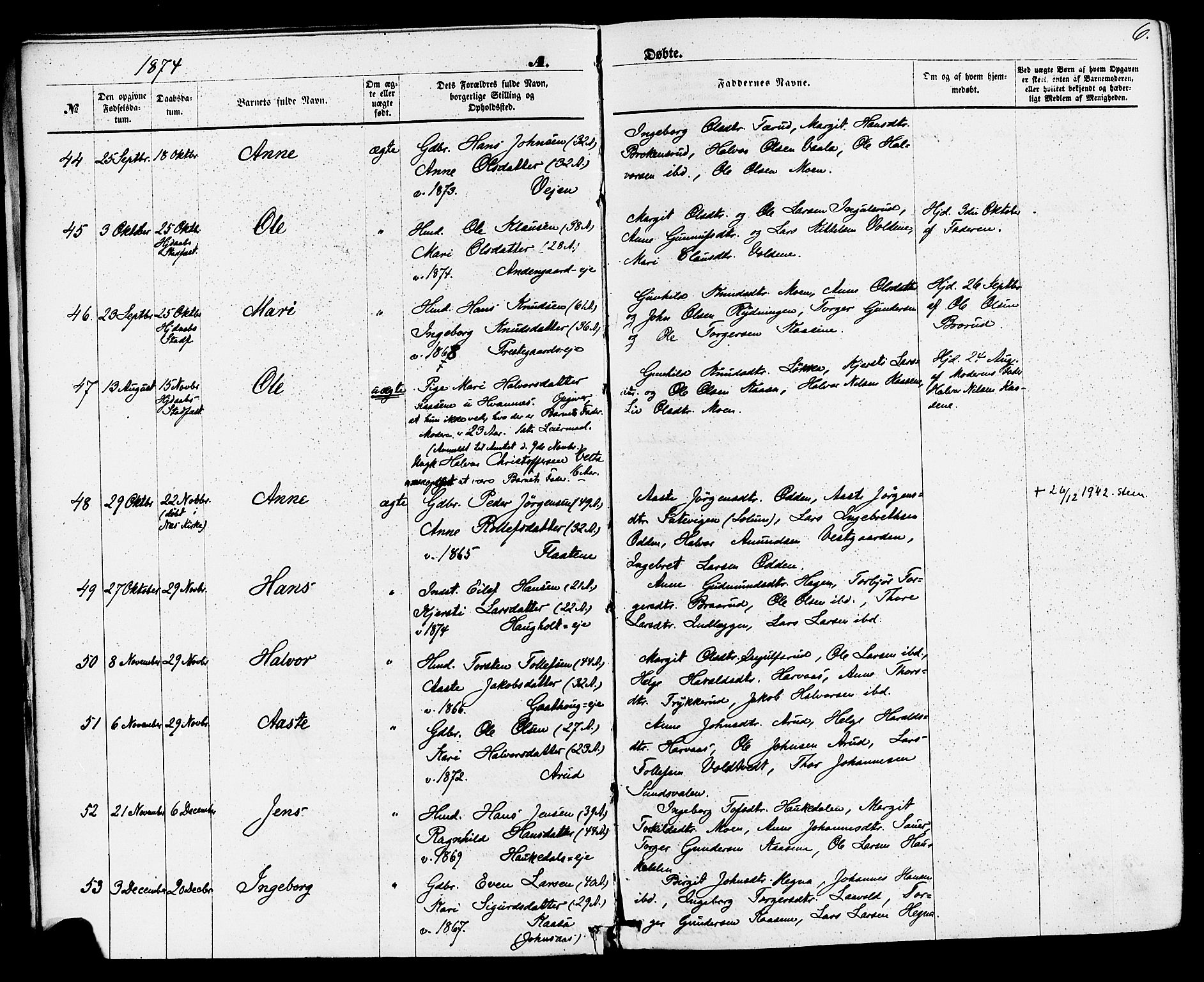 Sauherad kirkebøker, AV/SAKO-A-298/F/Fa/L0008: Parish register (official) no. I 8, 1873-1886, p. 6