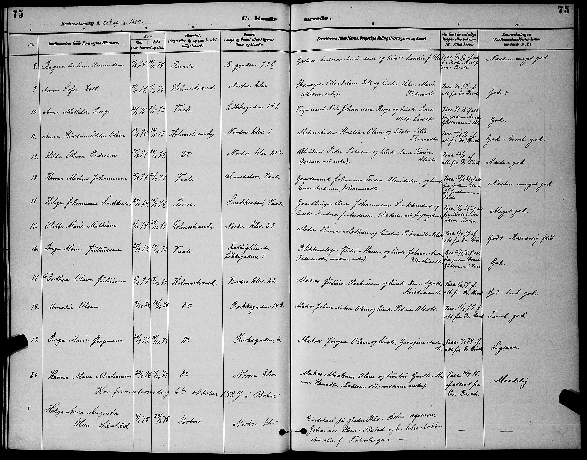 Holmestrand kirkebøker, AV/SAKO-A-346/G/Ga/L0005: Parish register (copy) no. 5, 1889-1901, p. 75