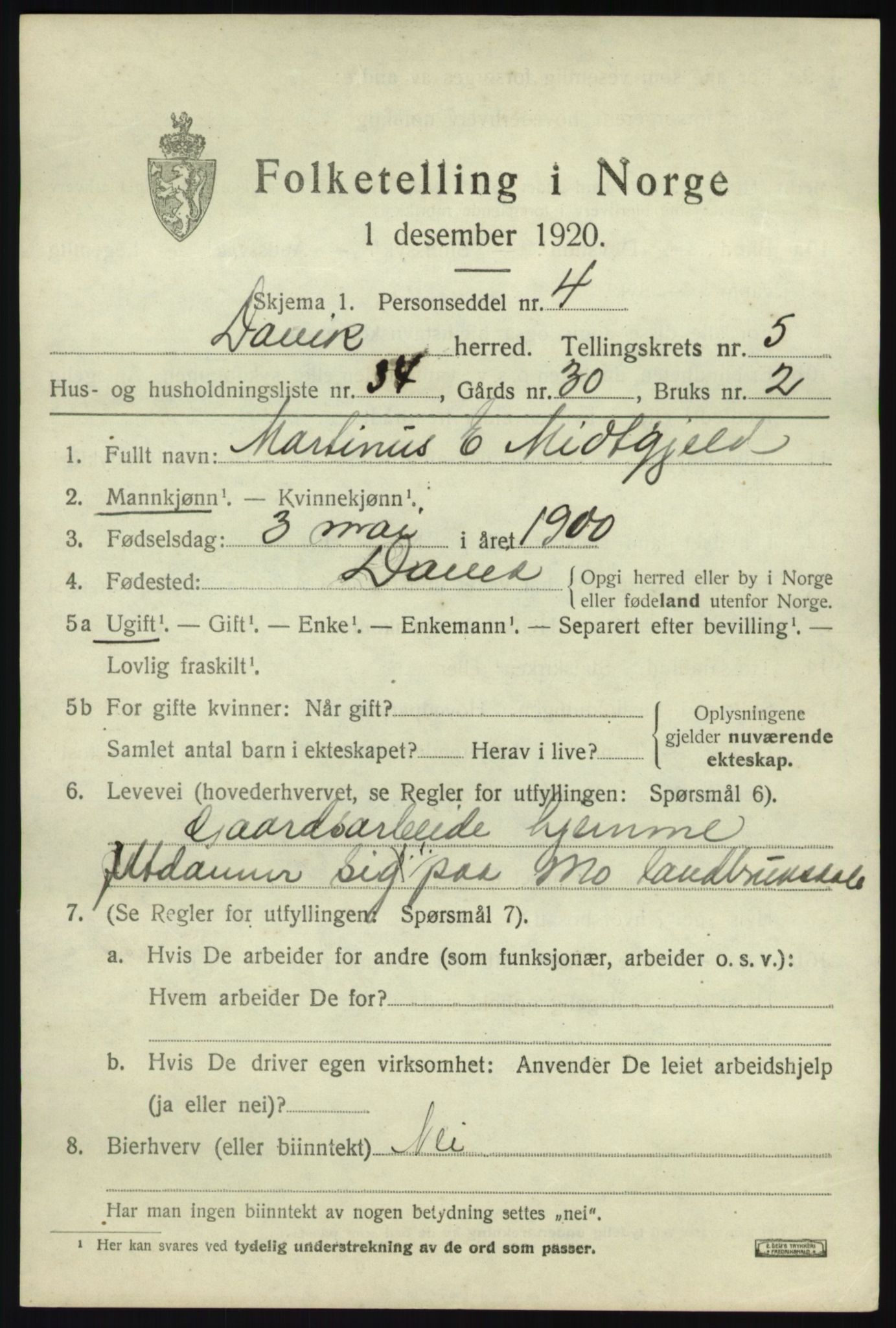 SAB, 1920 census for Davik, 1920, p. 3323