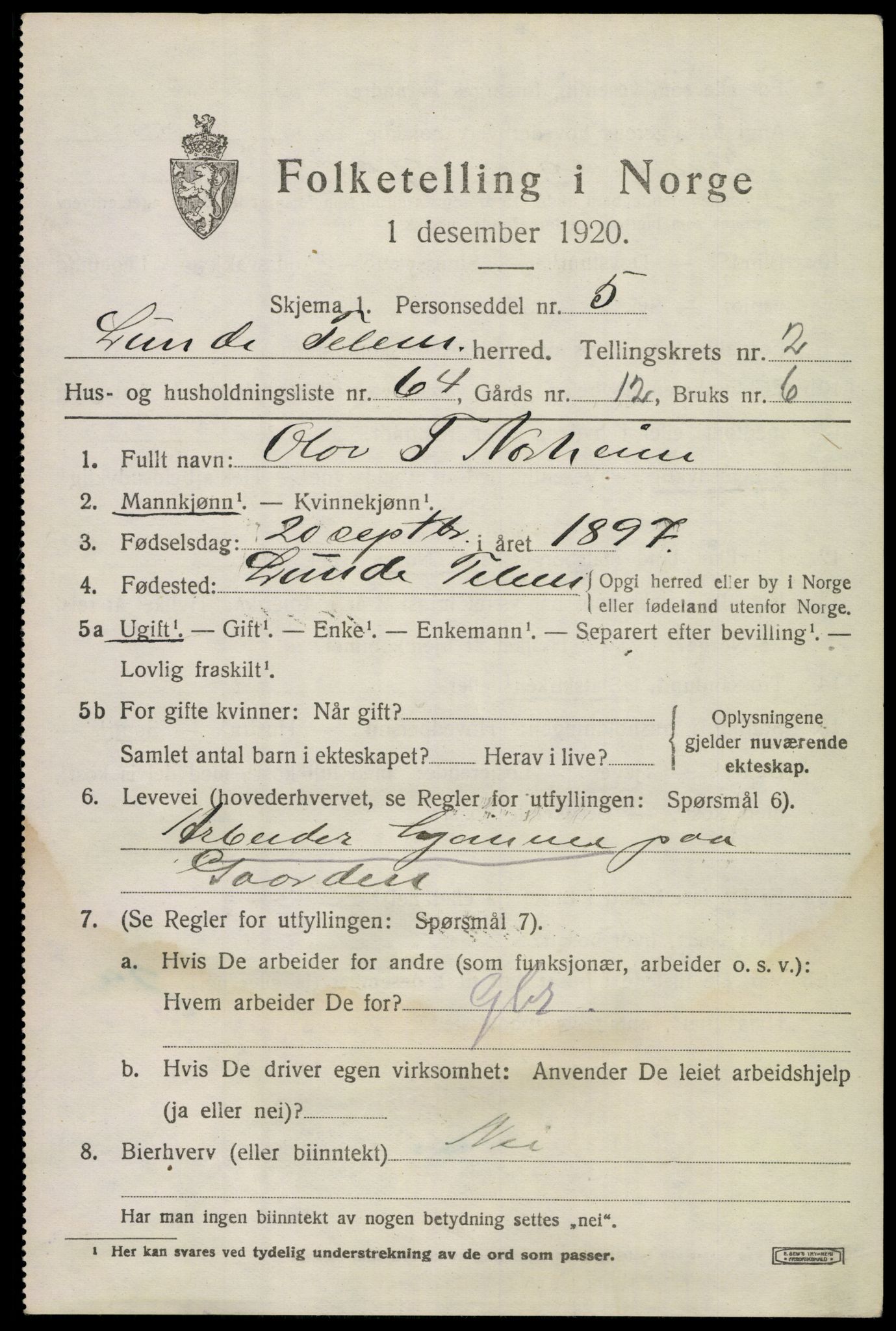 SAKO, 1920 census for Lunde, 1920, p. 2323