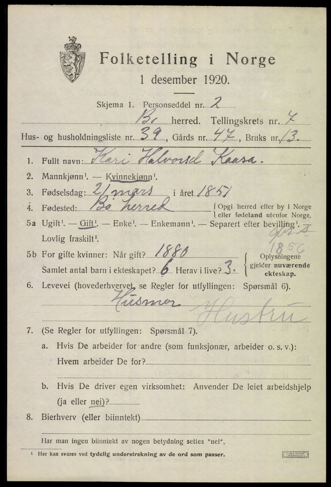 SAKO, 1920 census for Bø (Telemark), 1920, p. 5480