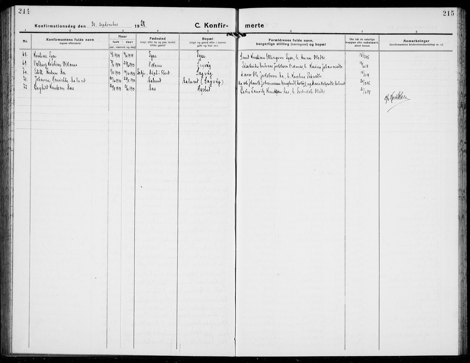 Stord sokneprestembete, SAB/A-78201/H/Hab: Parish register (copy) no. A 4, 1919-1933, p. 214-215