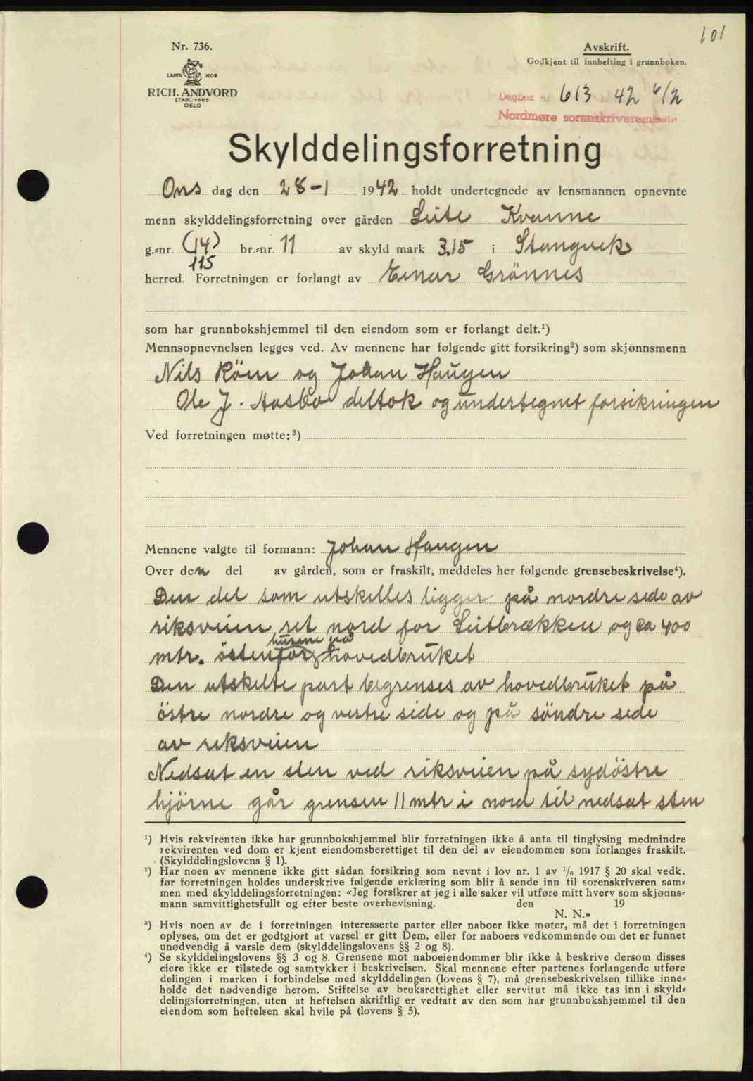 Nordmøre sorenskriveri, AV/SAT-A-4132/1/2/2Ca: Mortgage book no. A92, 1942-1942, Diary no: : 613/1942