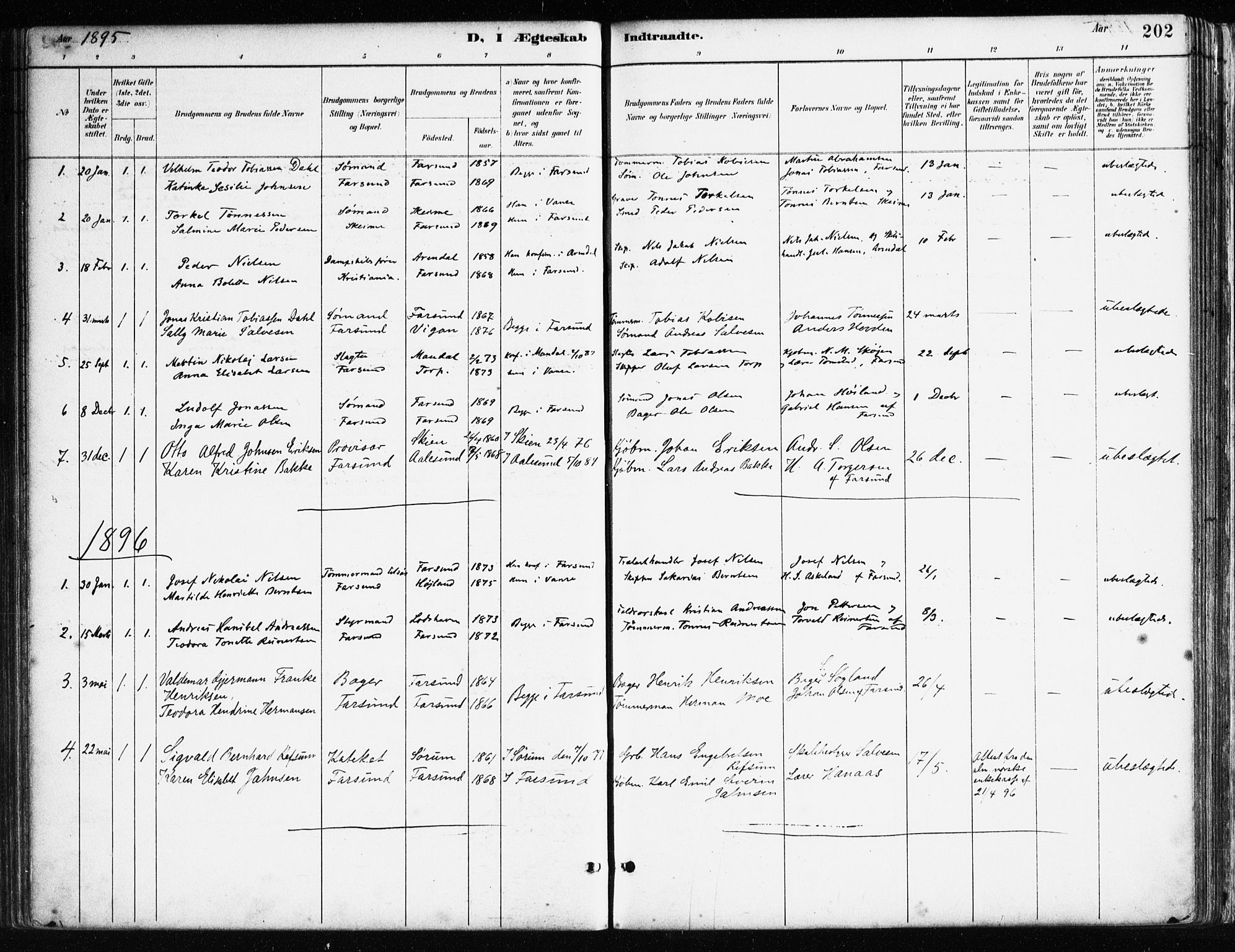 Farsund sokneprestkontor, SAK/1111-0009/F/Fa/L0006: Parish register (official) no. A 6, 1887-1920, p. 202