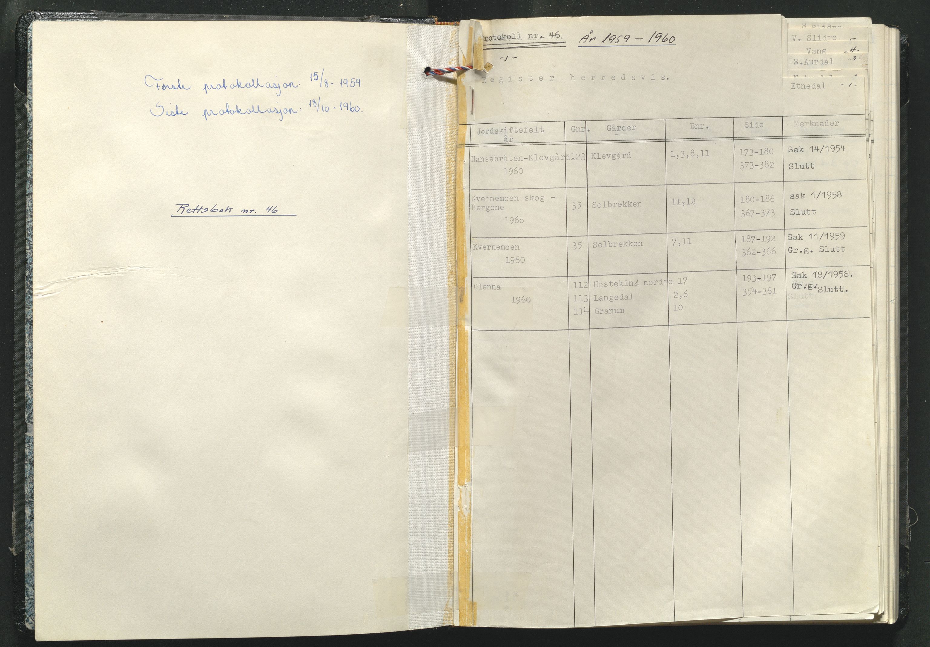 Valdres jordskifterett, AV/SAH-JORDSKIFTEO-003/G/Ga/L0005/0001: Rettsbøker / Rettsbok - protokoll nr. 46, 1959-1960
