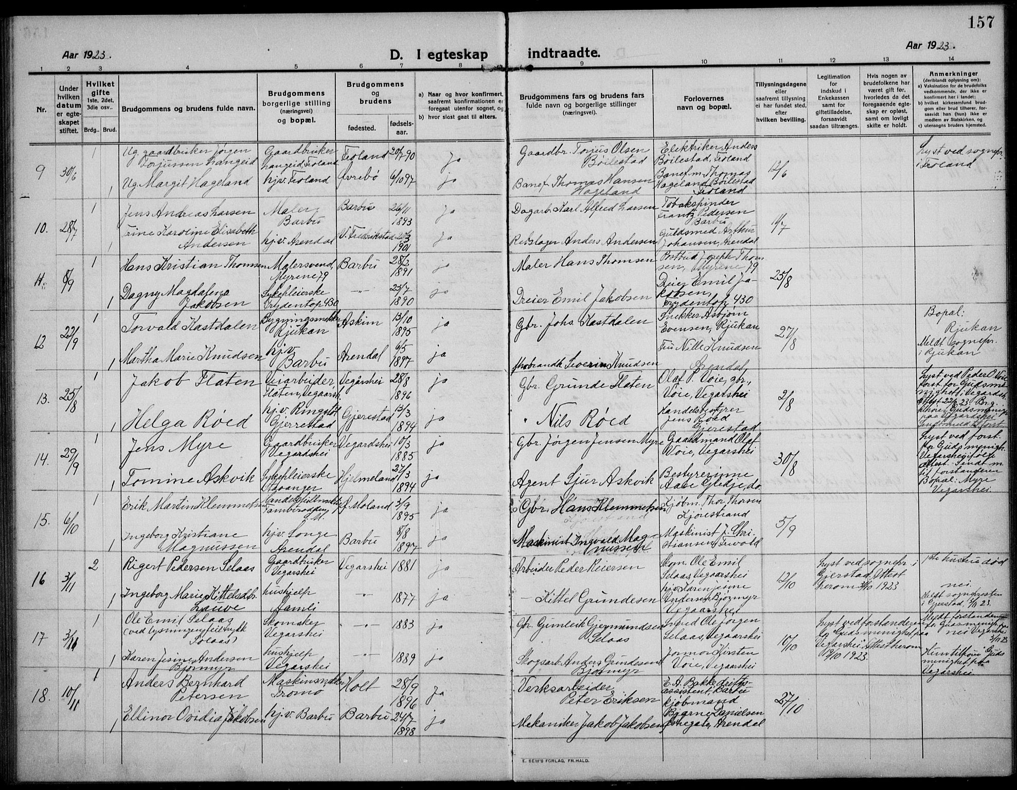 Barbu sokneprestkontor, AV/SAK-1111-0003/F/Fb/L0004: Parish register (copy) no. B 4, 1911-1936, p. 157