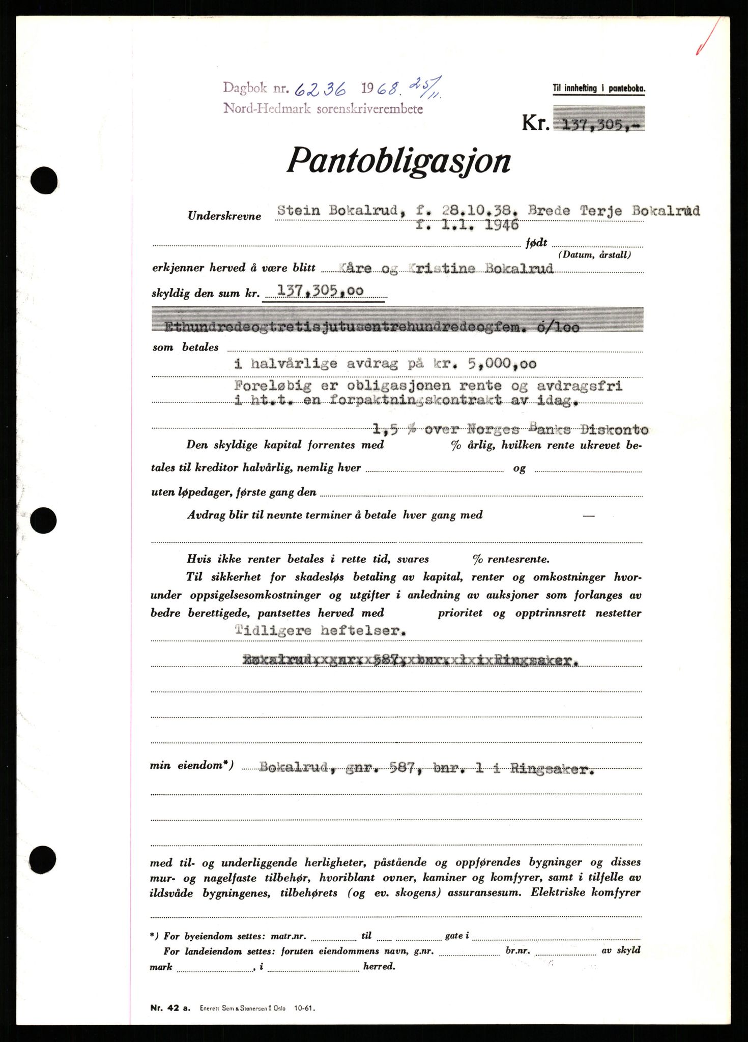 Nord-Hedmark sorenskriveri, SAH/TING-012/H/Hb/Hbf/L0077: Mortgage book no. B77, 1968-1969, Diary no: : 6236/1968