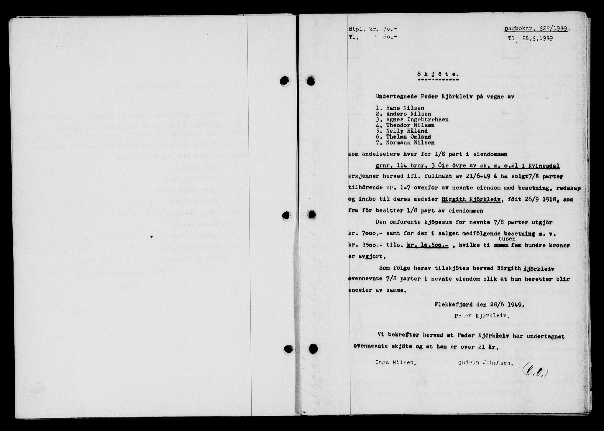 Flekkefjord sorenskriveri, SAK/1221-0001/G/Gb/Gba/L0065: Mortgage book no. A-13, 1949-1949, Diary no: : 622/1949
