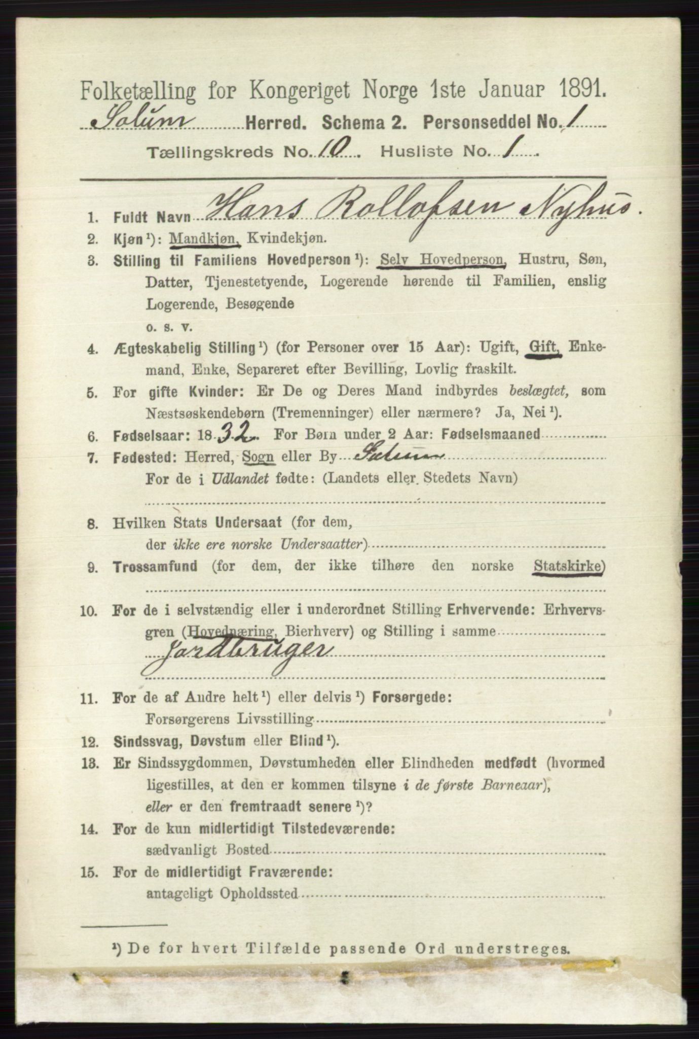 RA, 1891 census for 0818 Solum, 1891, p. 4690