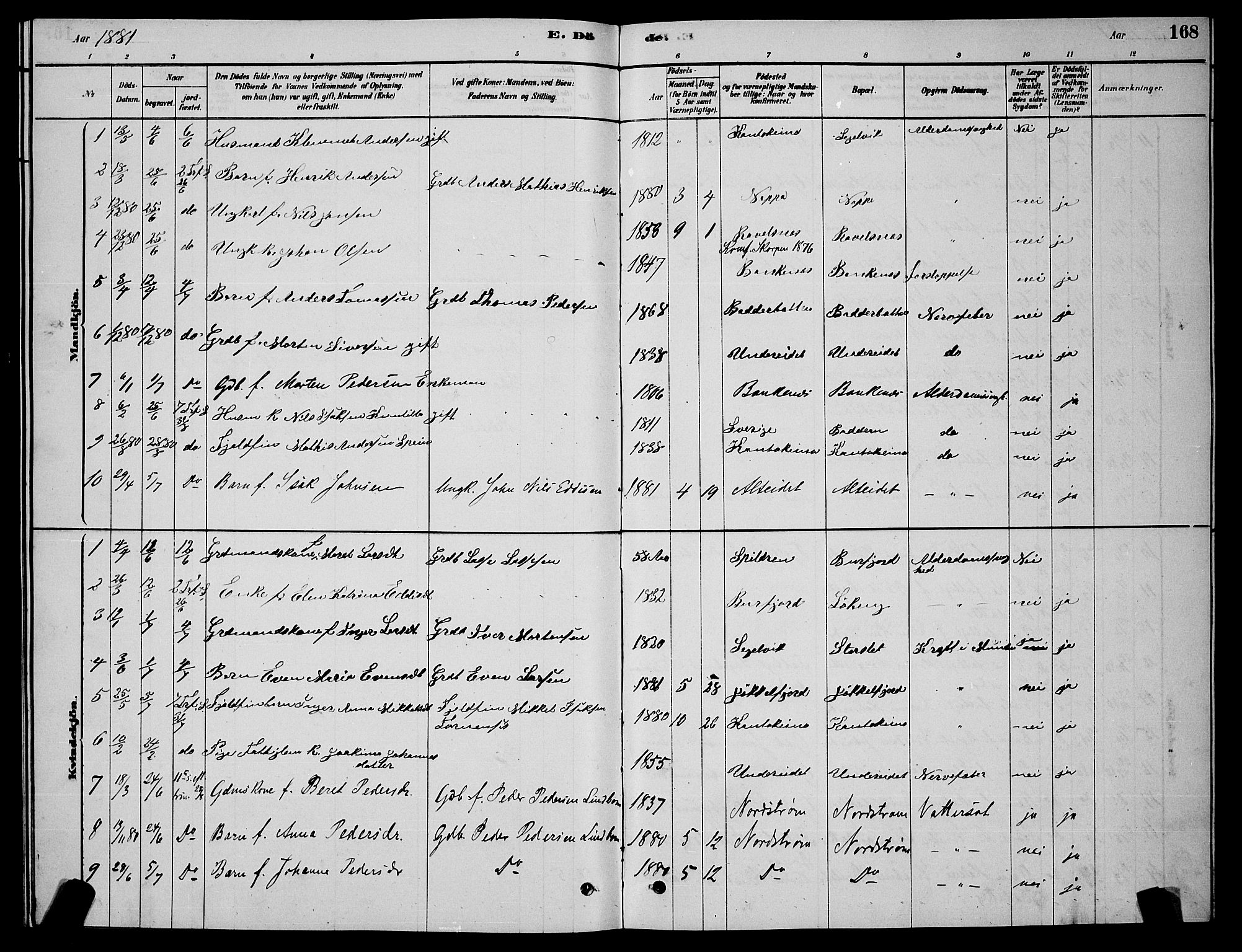 Skjervøy sokneprestkontor, SATØ/S-1300/H/Ha/Hab/L0015klokker: Parish register (copy) no. 15, 1878-1890, p. 168