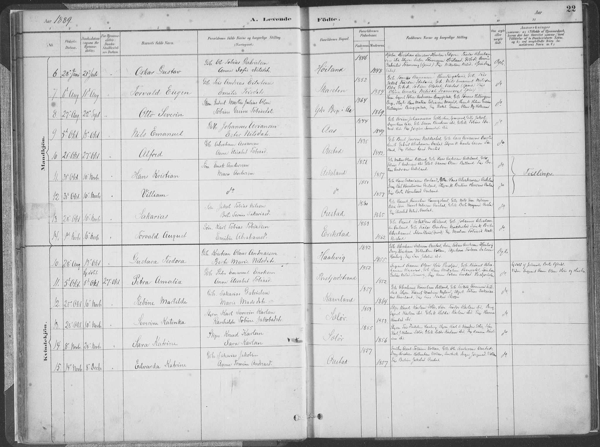 Lyngdal sokneprestkontor, SAK/1111-0029/F/Fa/Faa/L0004: Parish register (official) no. A 4, 1883-1904, p. 22