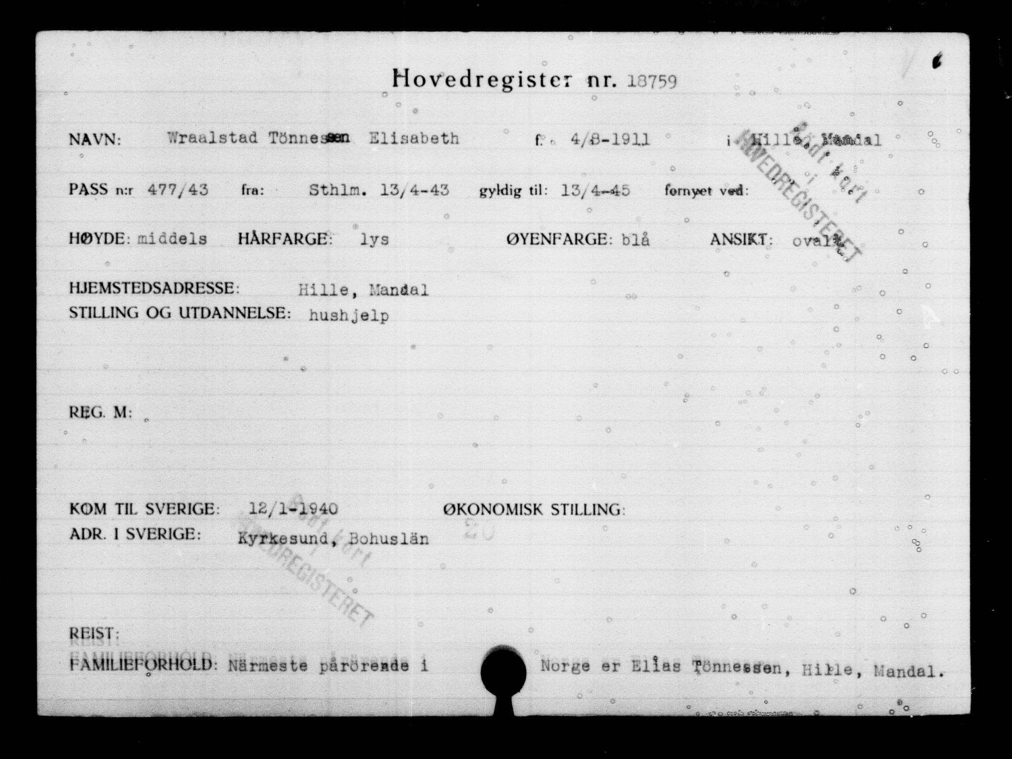 Den Kgl. Norske Legasjons Flyktningskontor, RA/S-6753/V/Va/L0009: Kjesäterkartoteket.  Flyktningenr. 18502-22048, 1940-1945, p. 301