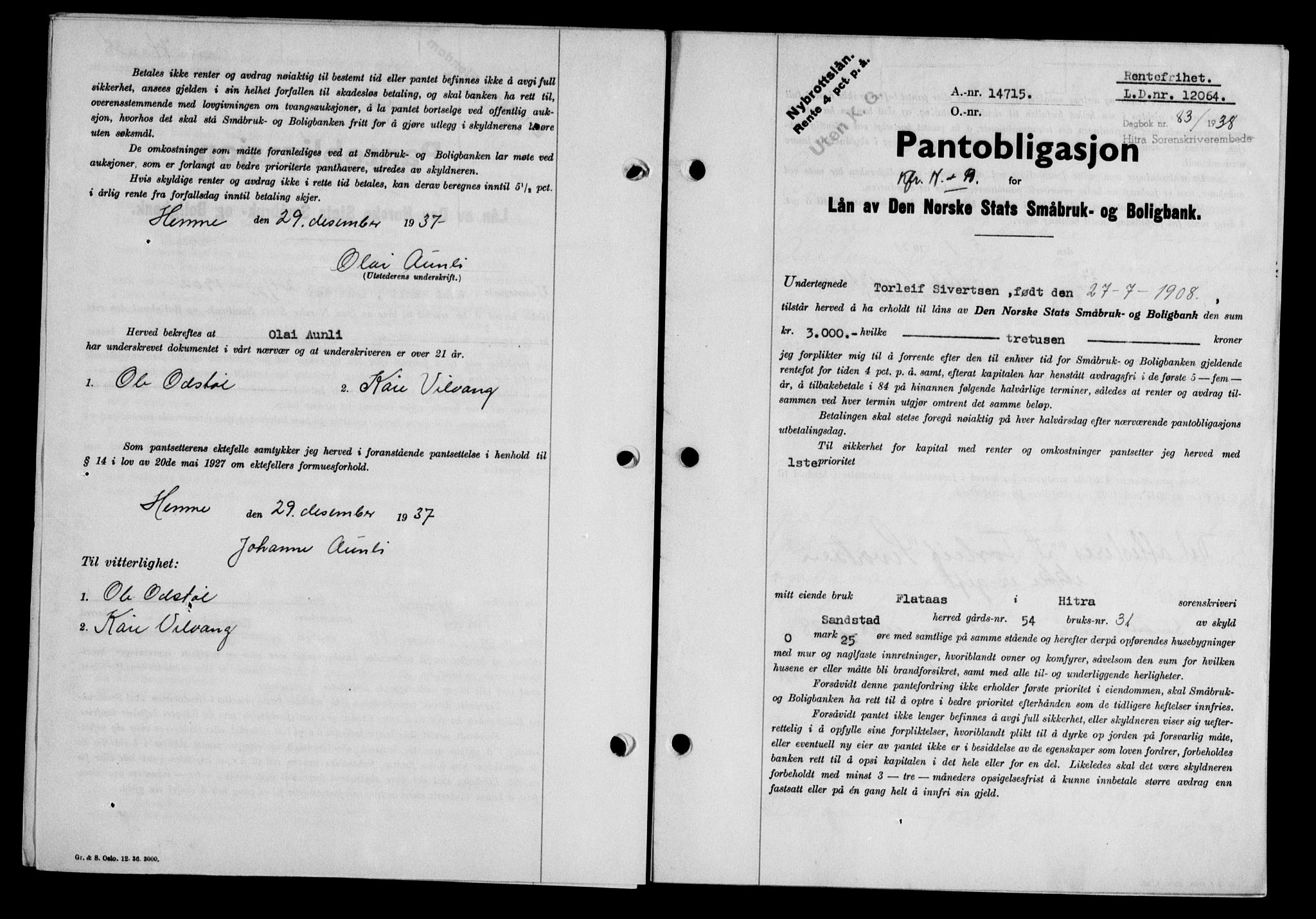 Hitra sorenskriveri, AV/SAT-A-0018/2/2C/2Ca/L0028: Mortgage book no. B-1, 1936-1939, Diary no: : 83/1938
