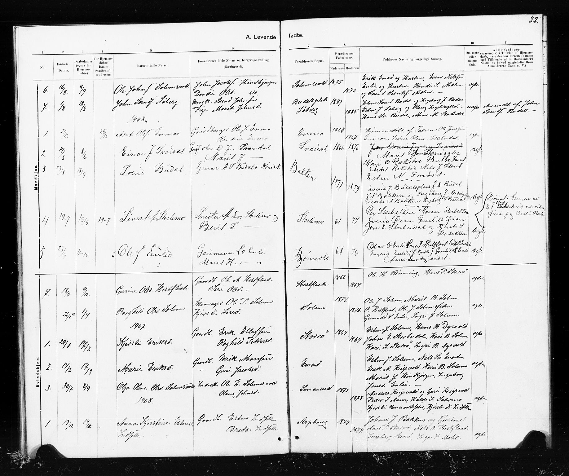 Ministerialprotokoller, klokkerbøker og fødselsregistre - Sør-Trøndelag, AV/SAT-A-1456/690/L1051: Parish register (copy) no. 690C01, 1887-1908, p. 22