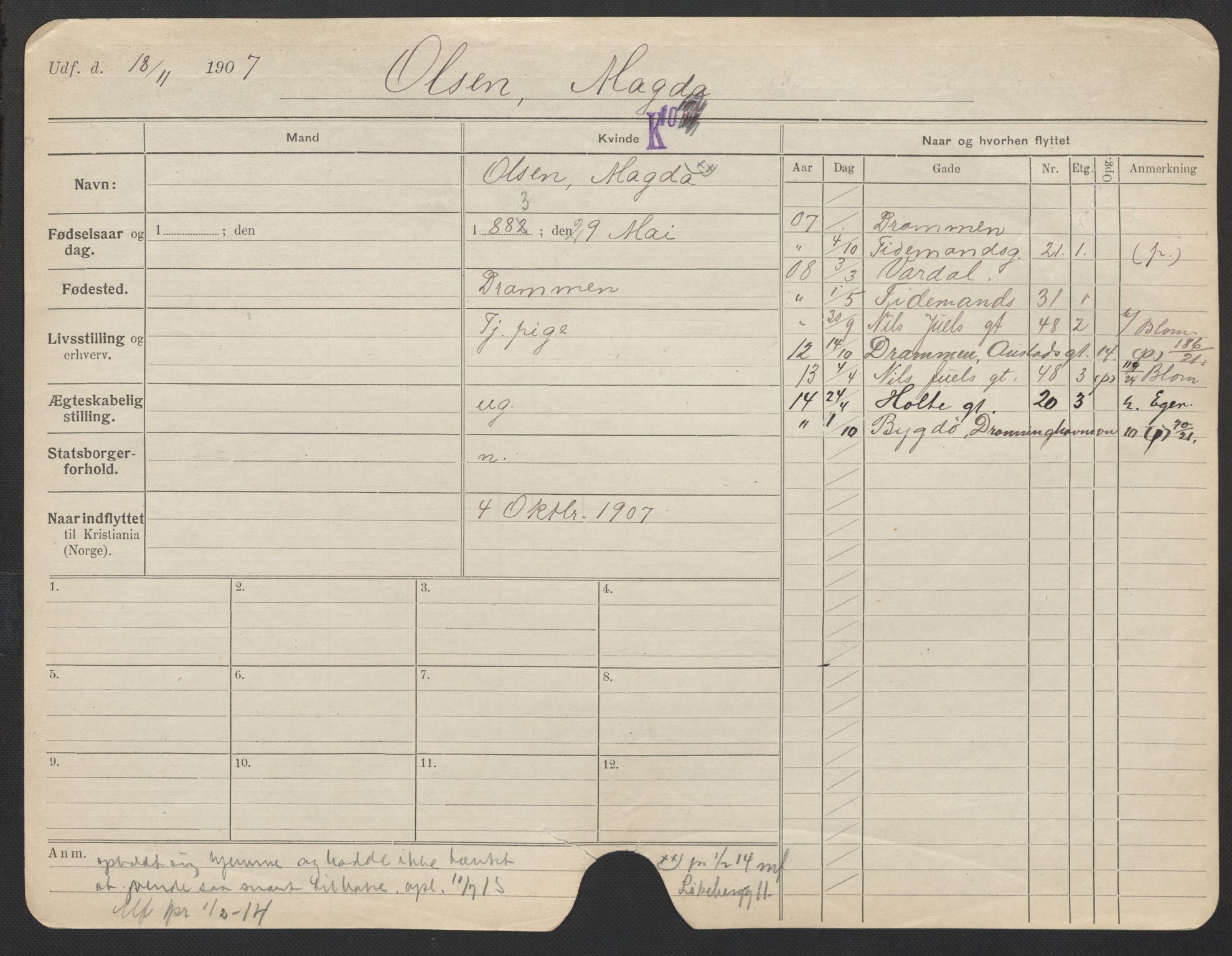 Oslo folkeregister, Registerkort, AV/SAO-A-11715/F/Fa/Fac/L0022: Kvinner, 1906-1914, p. 96a