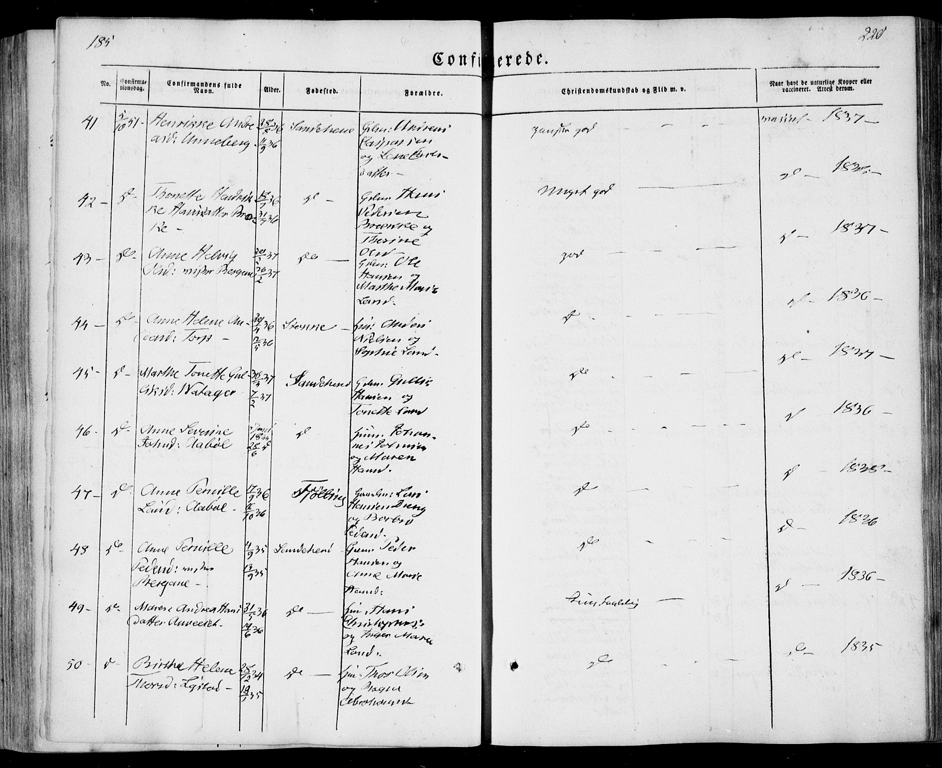Sandar kirkebøker, SAKO/A-243/F/Fa/L0006: Parish register (official) no. 6, 1847-1860, p. 220