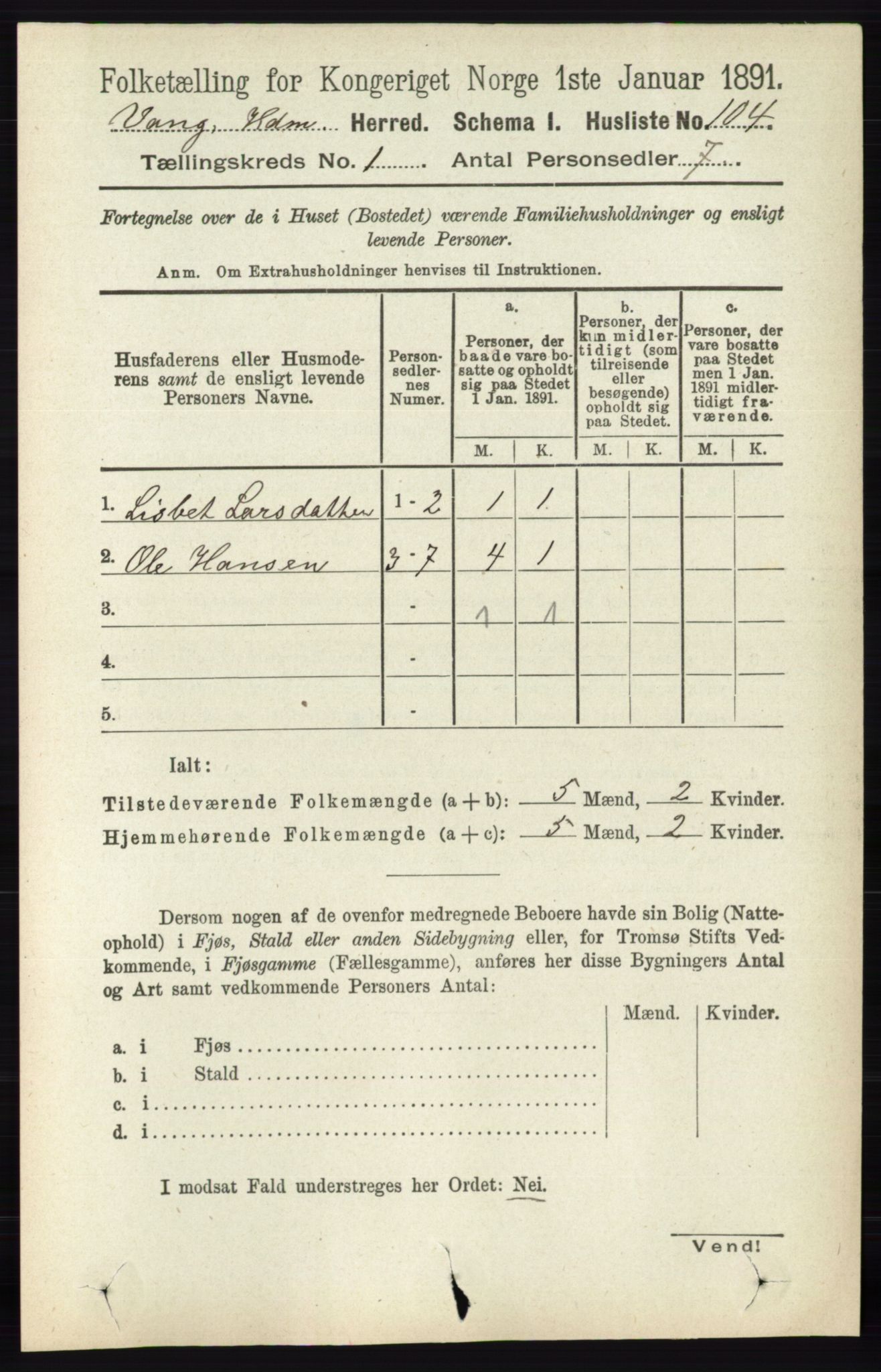 RA, 1891 census for 0414 Vang, 1891, p. 155