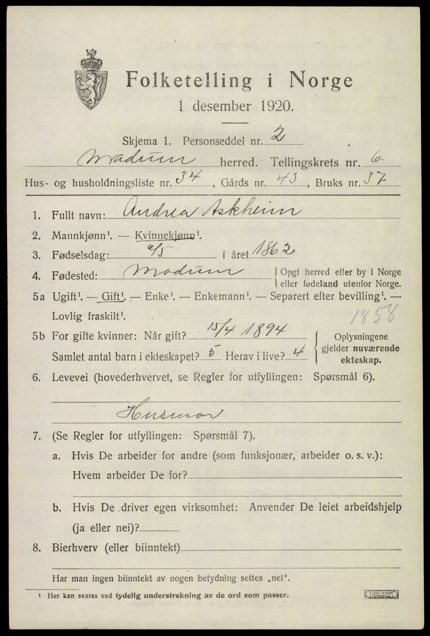 SAKO, 1920 census for Modum, 1920, p. 9277
