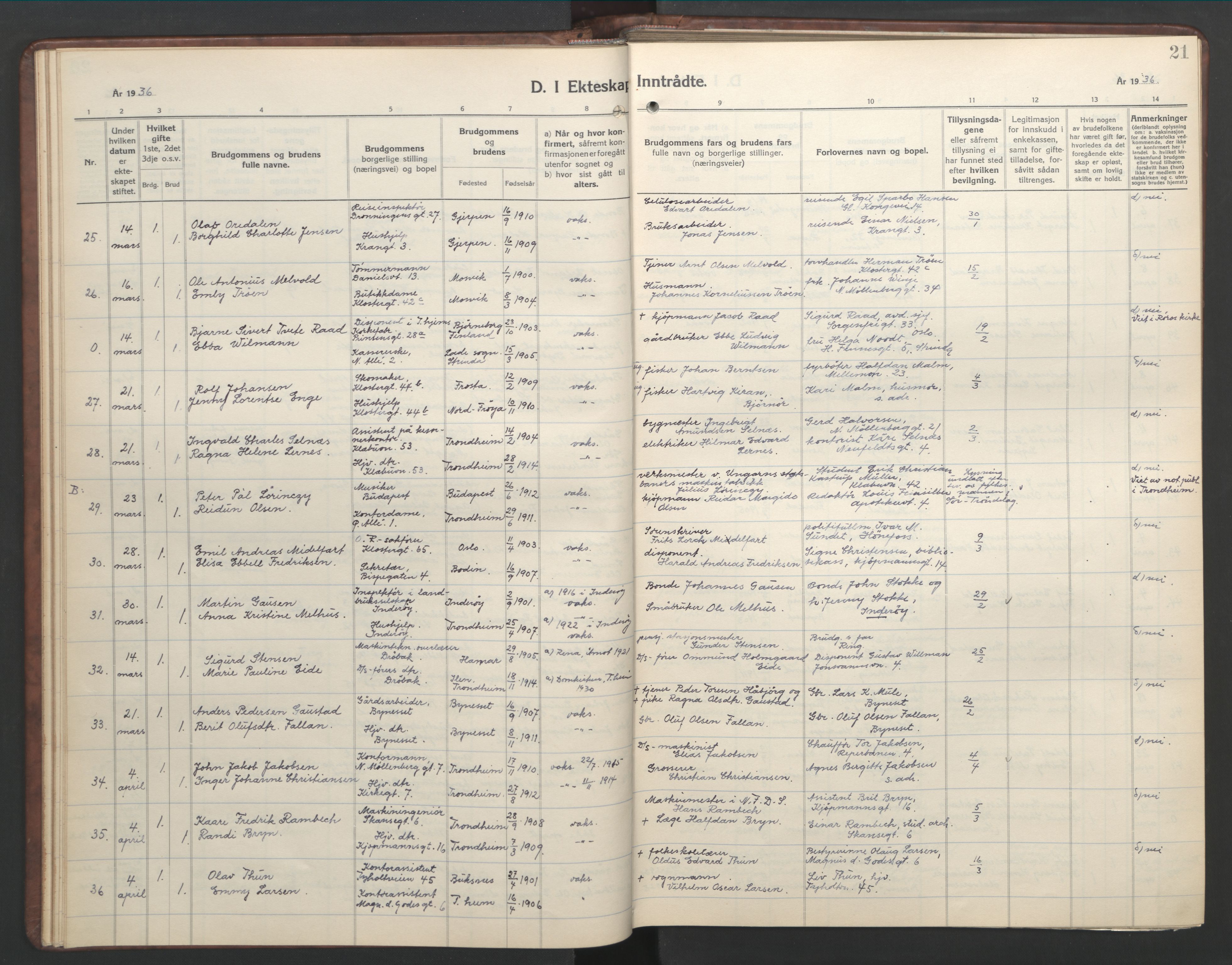 Ministerialprotokoller, klokkerbøker og fødselsregistre - Sør-Trøndelag, SAT/A-1456/601/L0101: Parish register (copy) no. 601C19, 1935-1946, p. 21