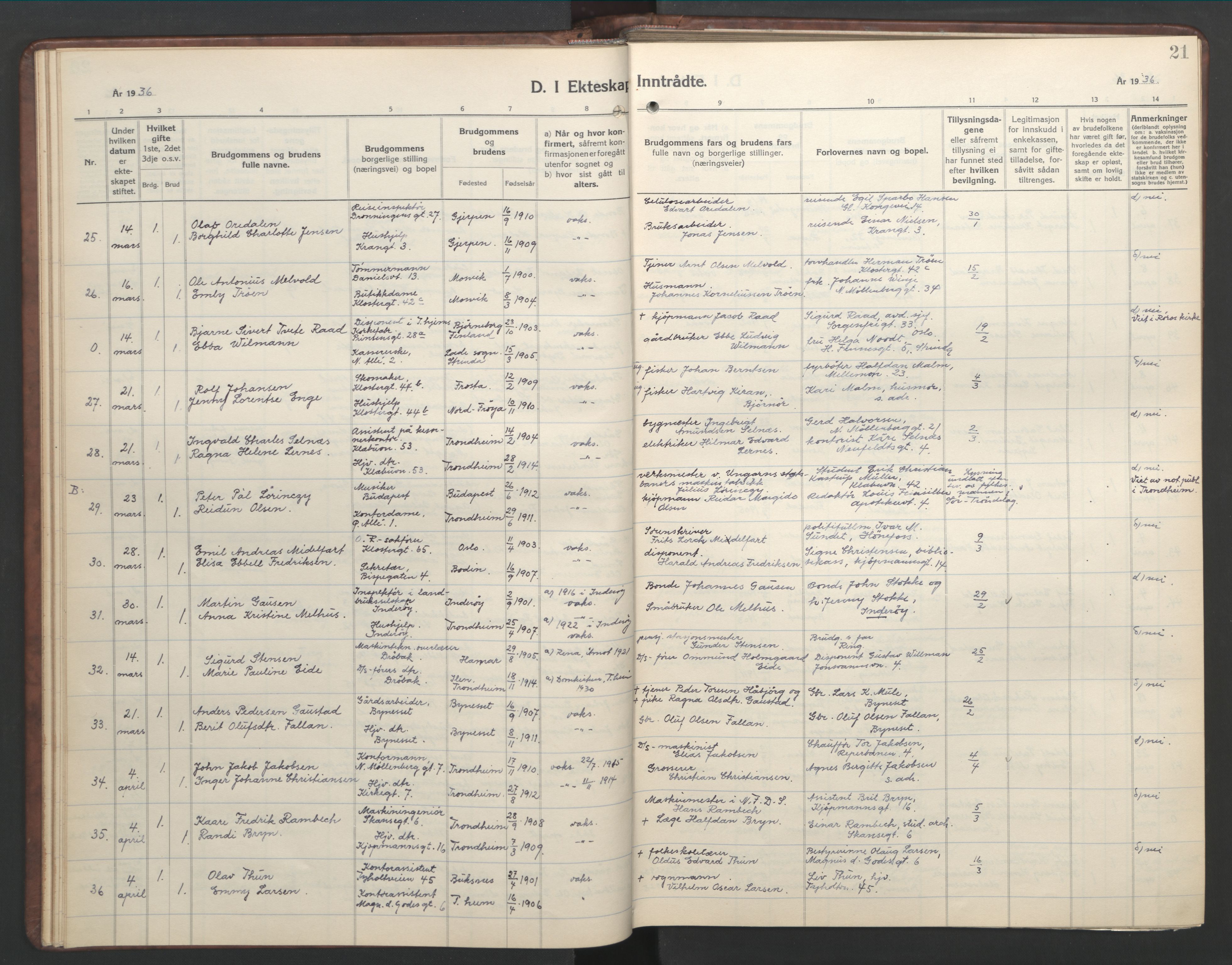 Ministerialprotokoller, klokkerbøker og fødselsregistre - Sør-Trøndelag, AV/SAT-A-1456/601/L0101: Parish register (copy) no. 601C19, 1935-1946, p. 21